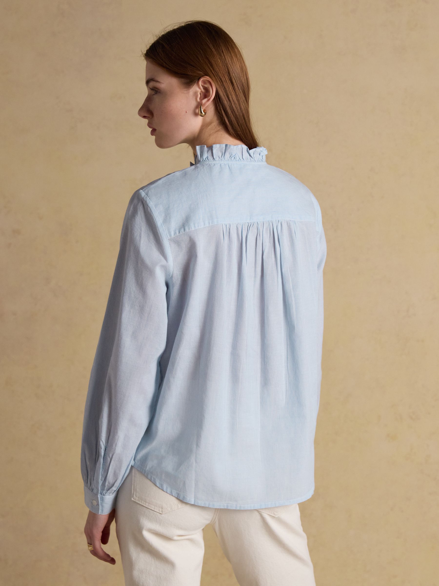 Melanie Blue/White Stripe Ruffle Collar Long Sleeve Blouse - Image 2 of 7