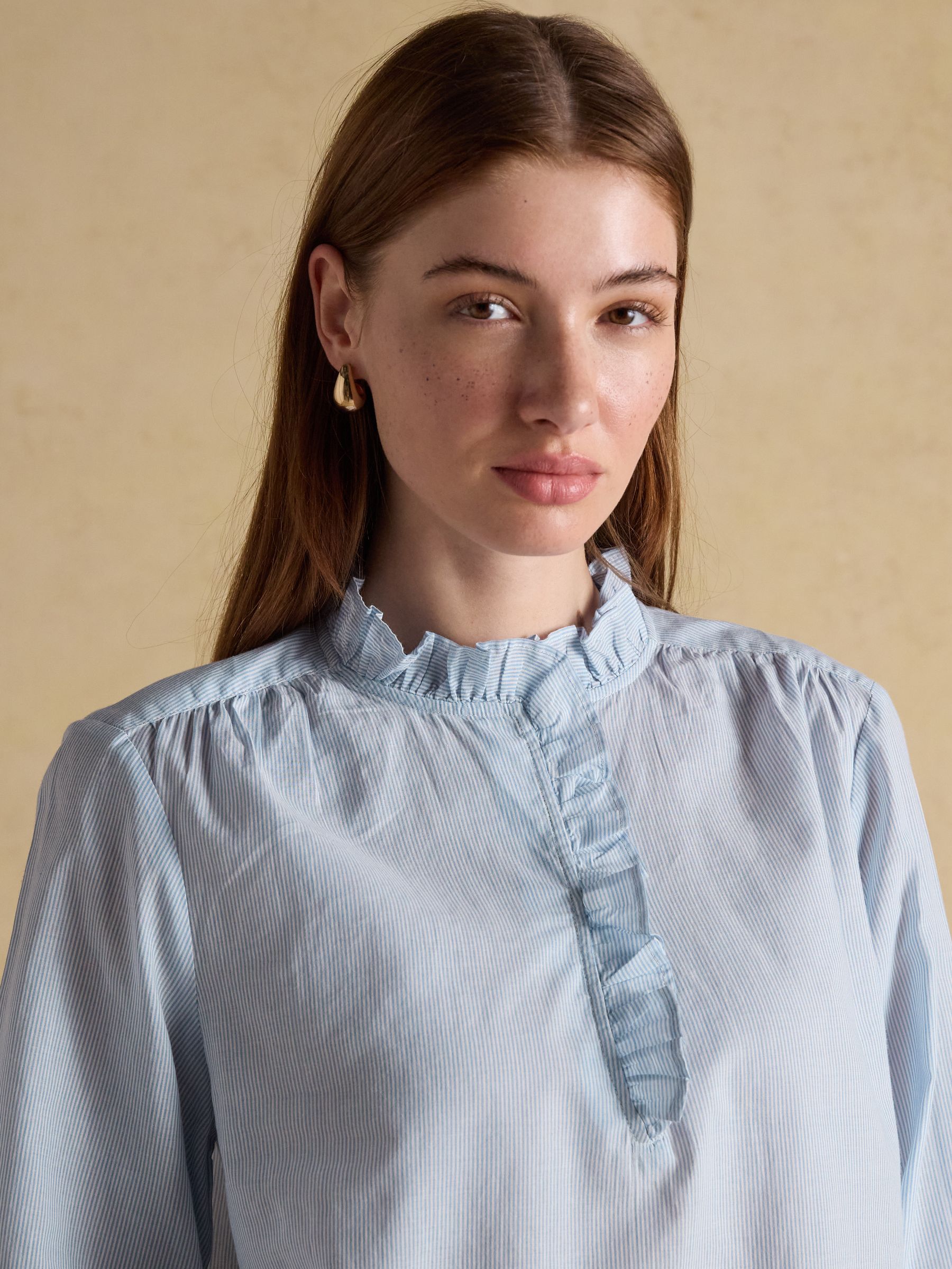 Melanie Blue & White Striped Long Sleeve Blouse with Ruffle Neck