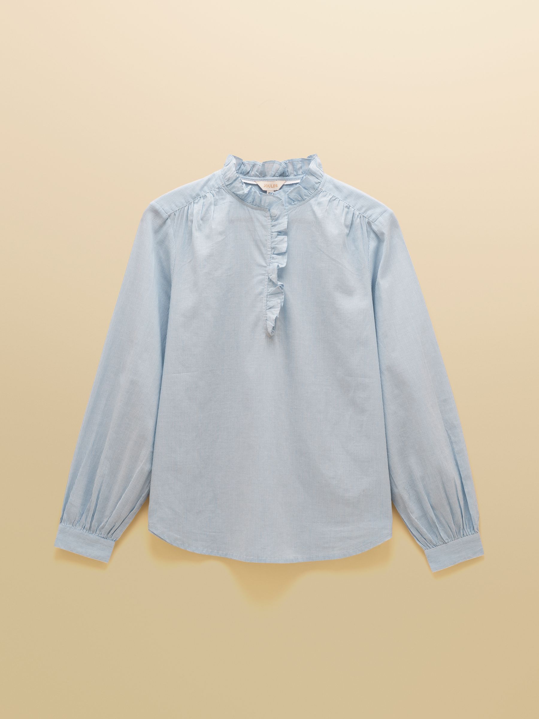 Melanie Blue & White Striped Long Sleeve Blouse with Ruffle Neck