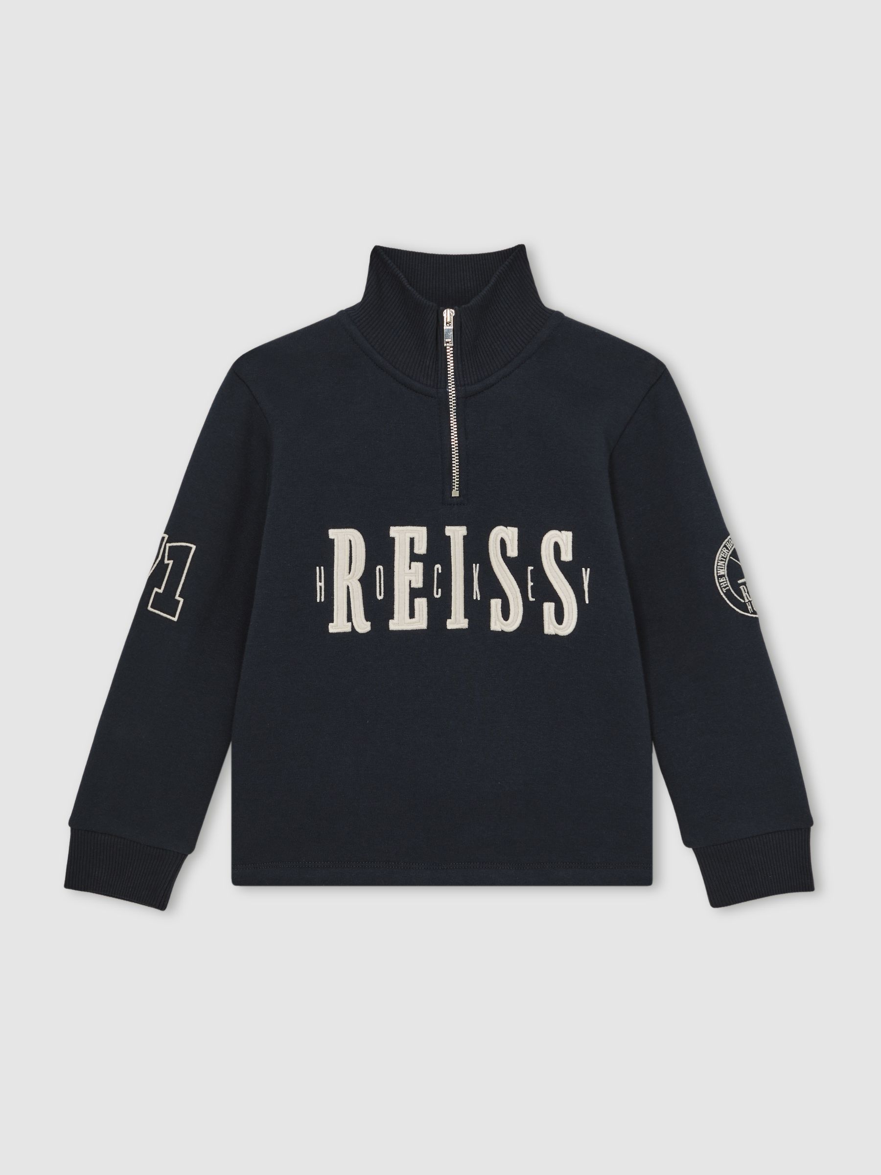 9-13 yrs Cotton-Blend Half-Zip Embroidered Sweatshirt in Navy - Image 2 of 5