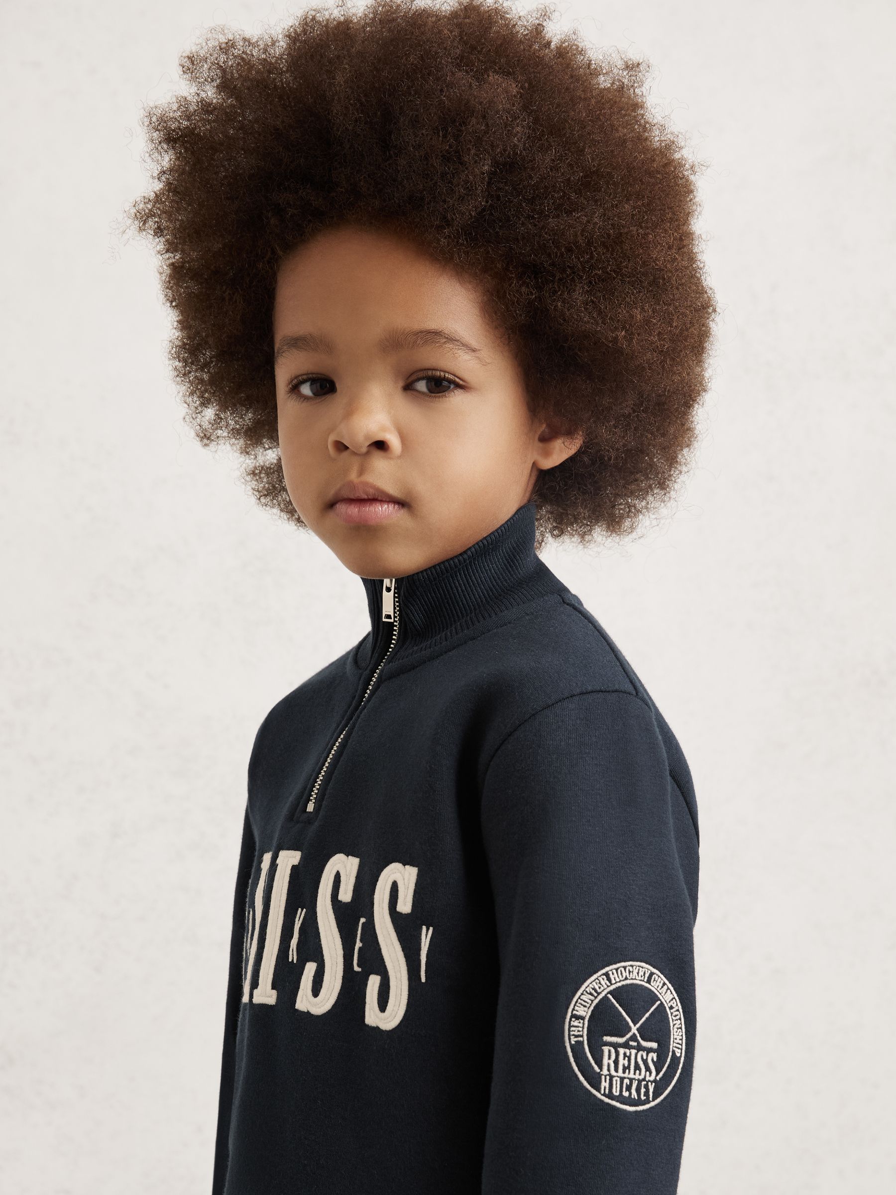 9-13 yrs Cotton-Blend Half-Zip Embroidered Sweatshirt in Navy - Image 4 of 5