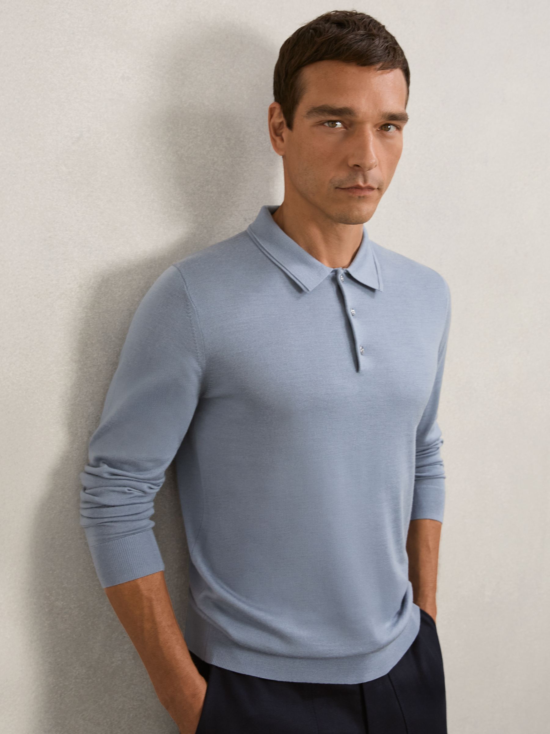 Merino Wool Polo Shirt in Steel Blue - Image 1 of 6