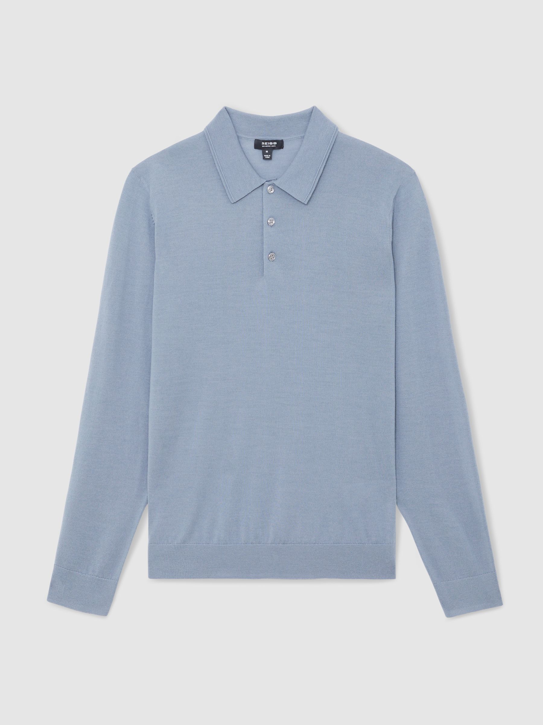 Merino Wool Polo Shirt in Steel Blue - Image 2 of 6