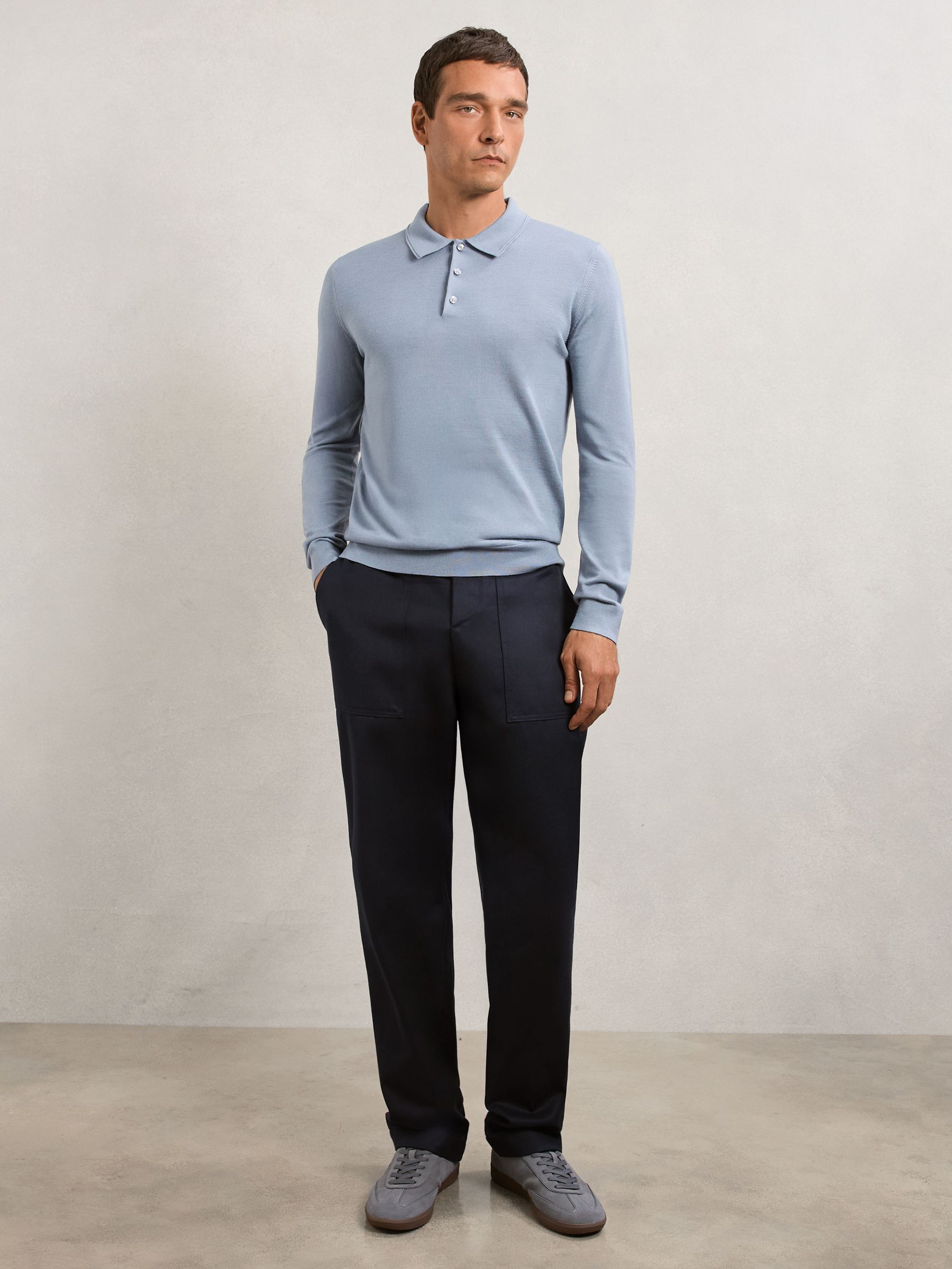 Merino Wool Polo Shirt in Steel Blue - Image 3 of 6