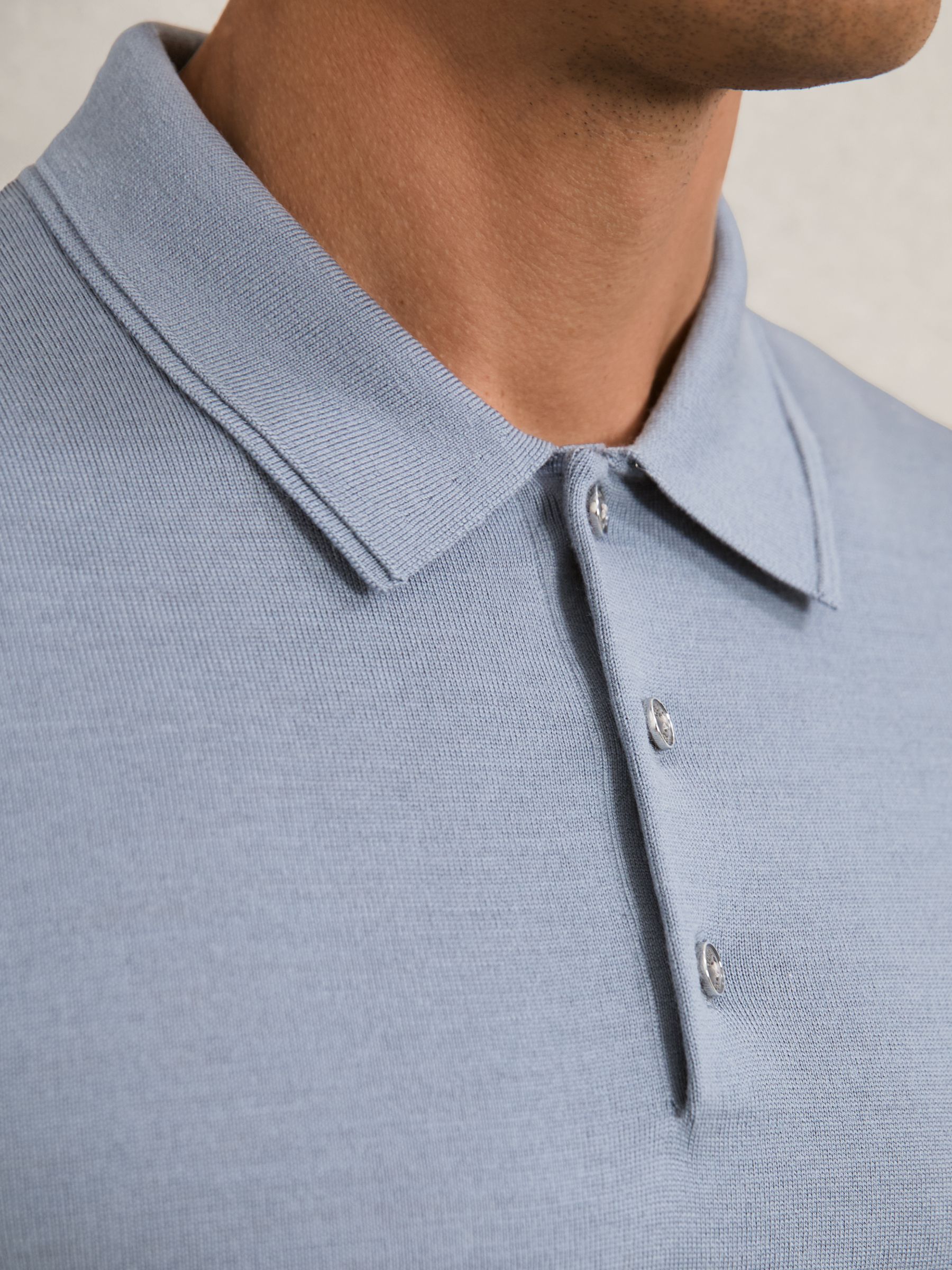 Merino Wool Polo Shirt in Steel Blue - Image 4 of 6