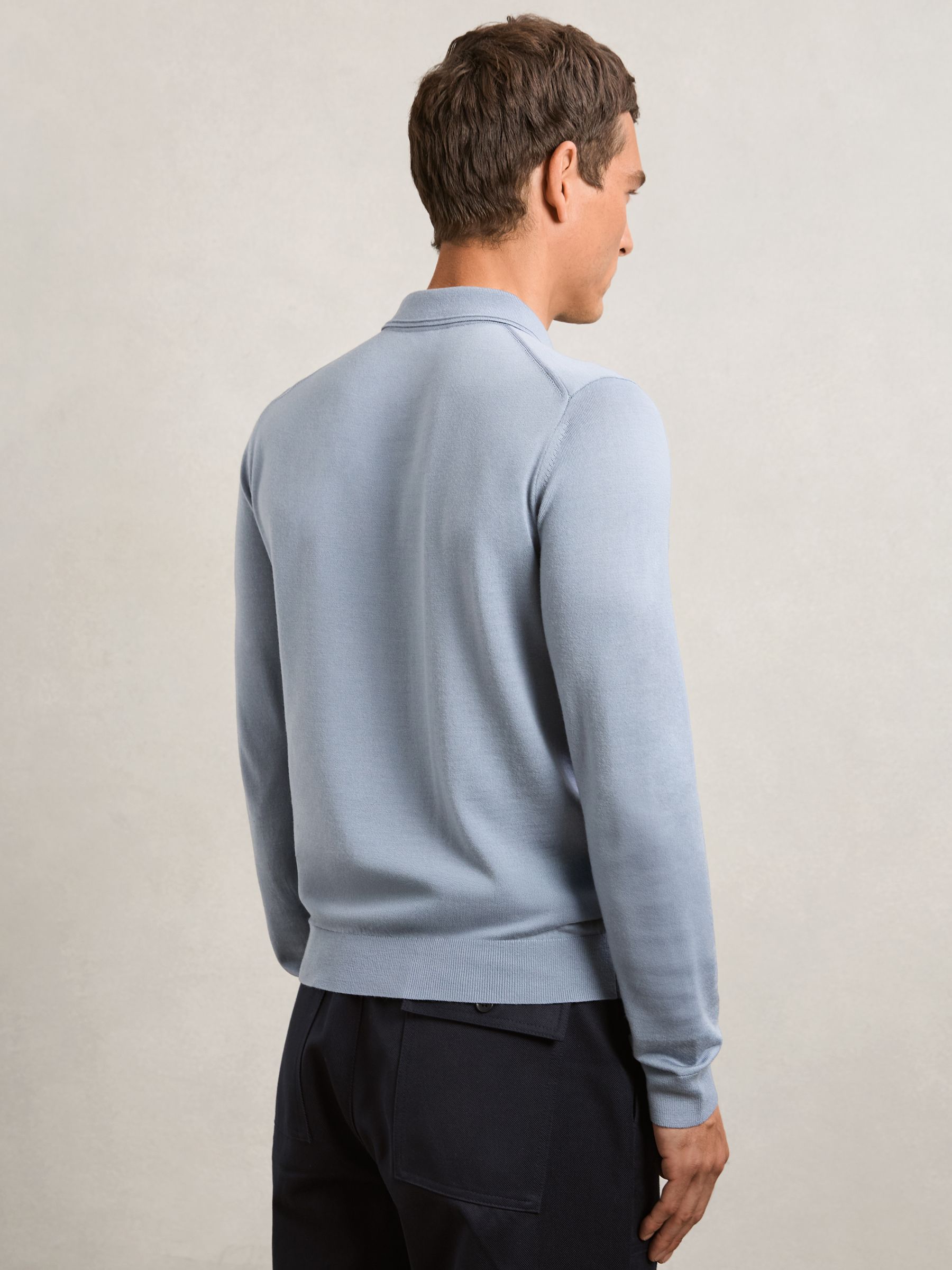 Merino Wool Polo Shirt in Steel Blue - Image 5 of 6