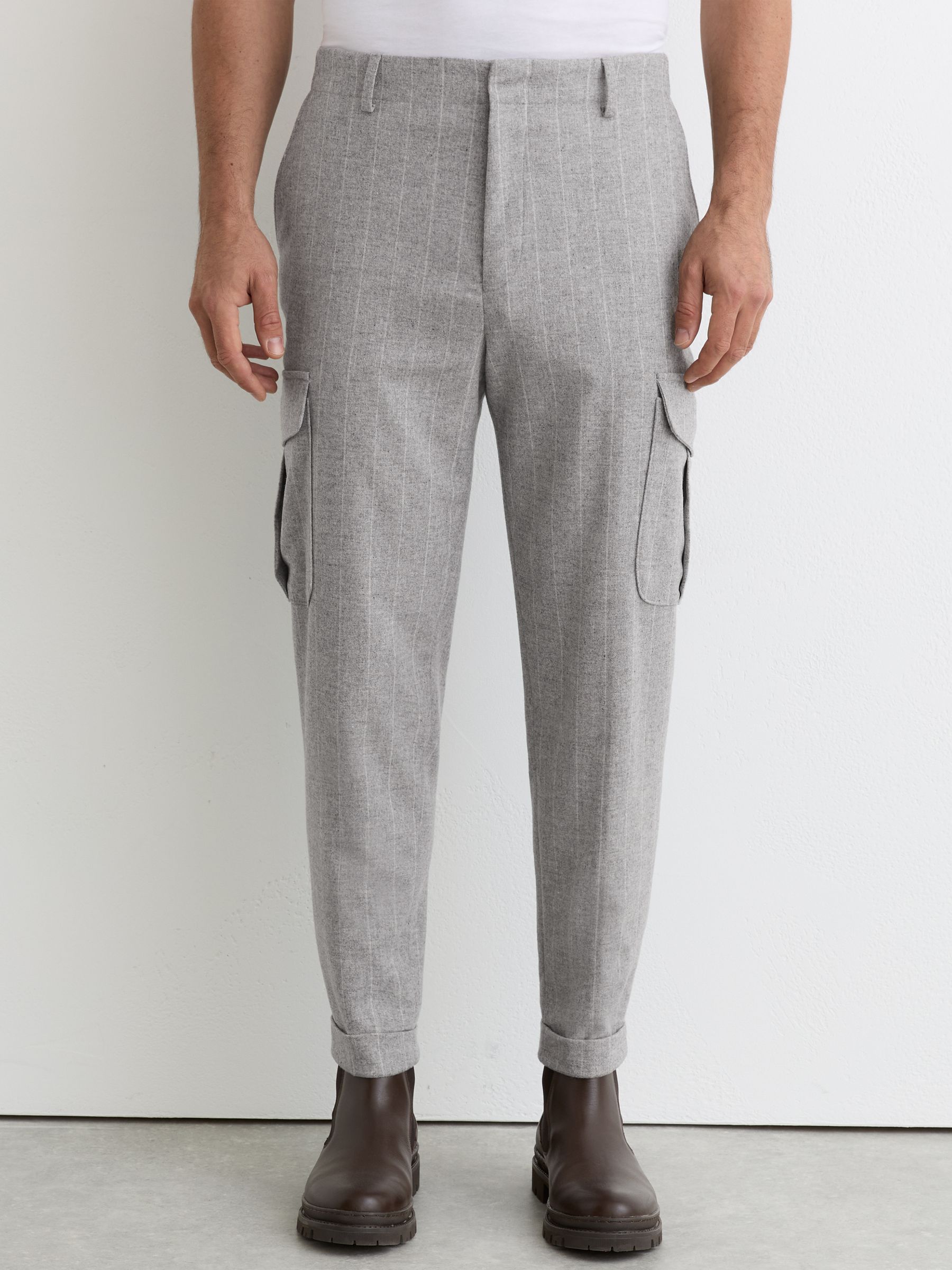 Wool-Blend Flannel Pinstripe Cargo Trousers in Soft Grey - image 4