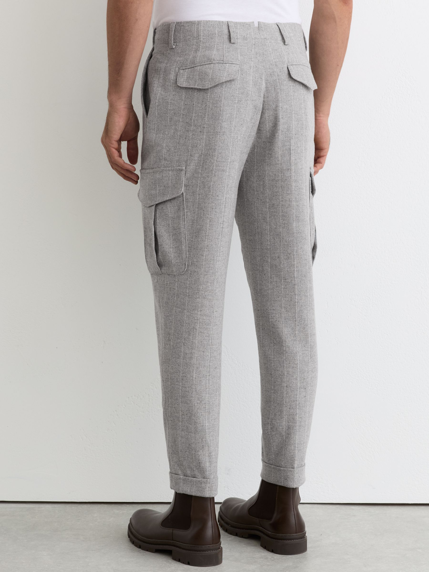 Wool-Blend Flannel Pinstripe Cargo Trousers in Soft Grey - image 5
