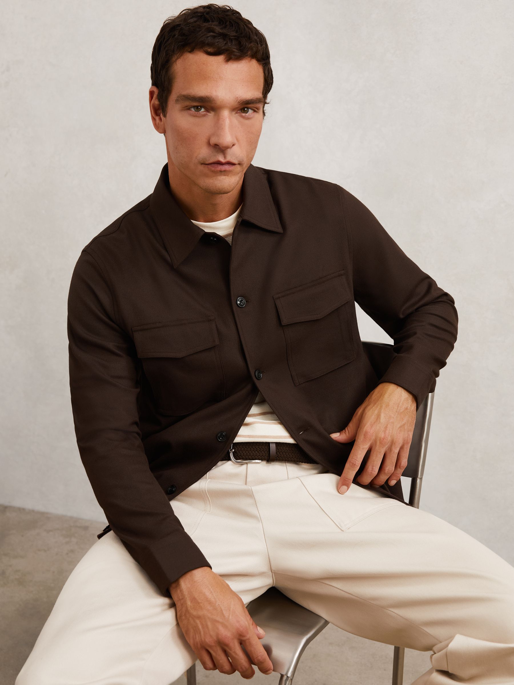 Twill Twin-Pocket Overshirt in Tobacco Brown - Image 3 of 7