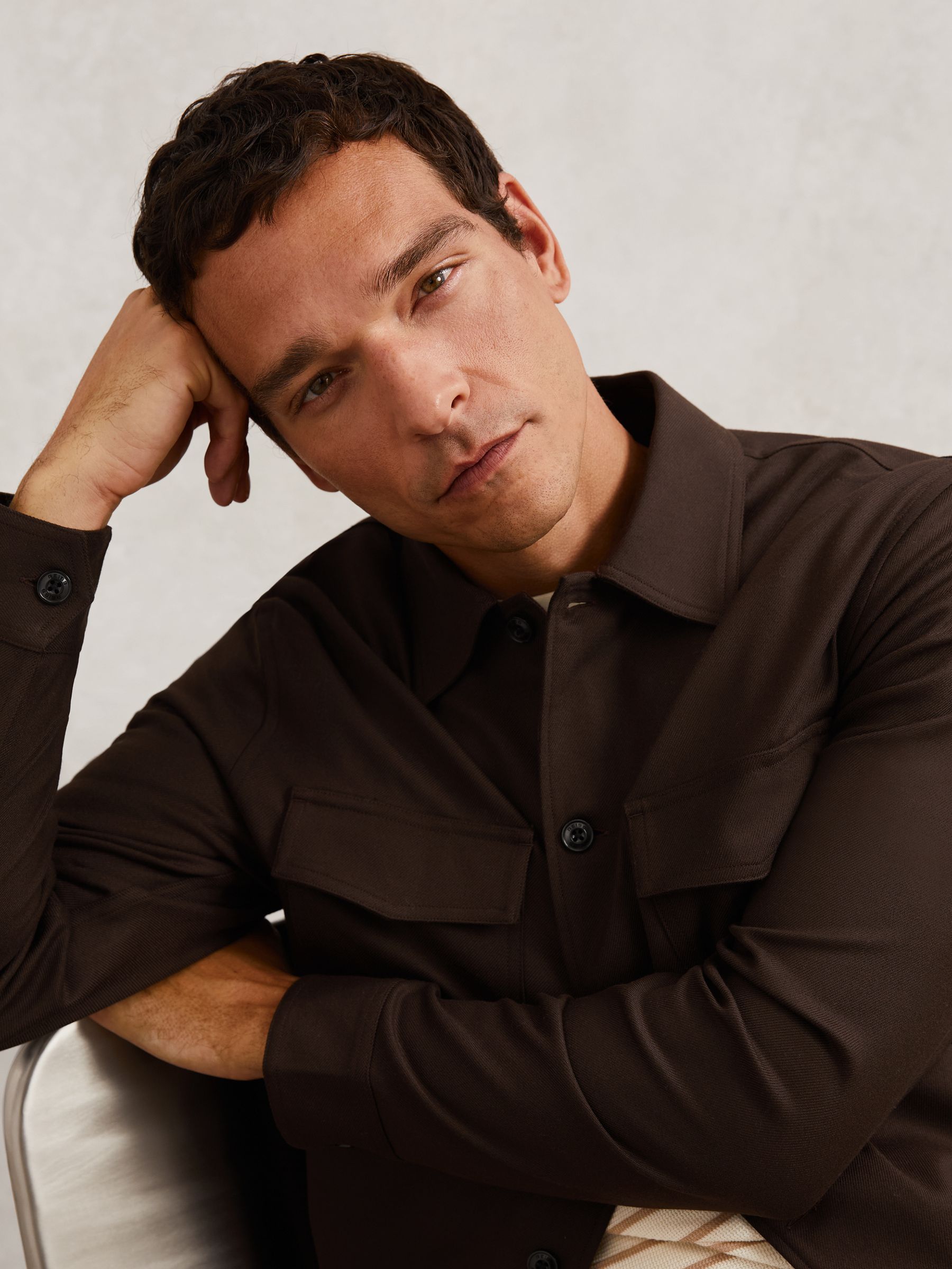 Twill Twin-Pocket Overshirt in Tobacco Brown - Image 4 of 7