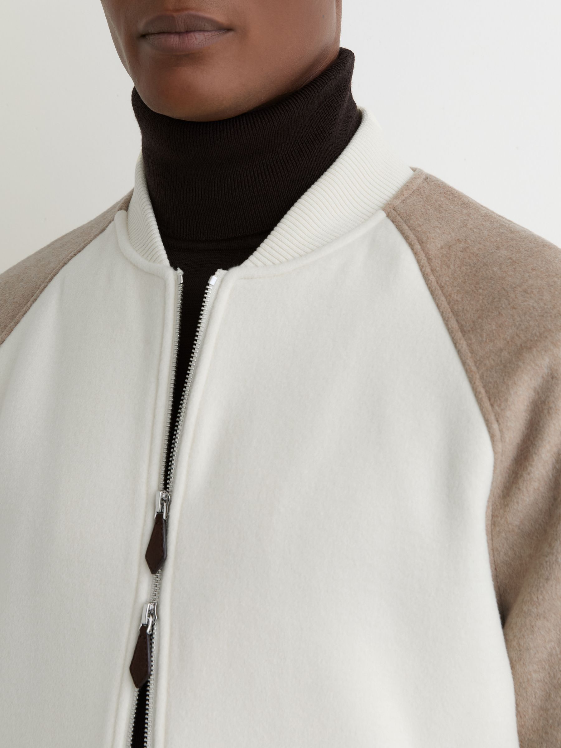 Wool-Blend Colour-Block Bomber Jacket in Off White/Oatmeal - image 5