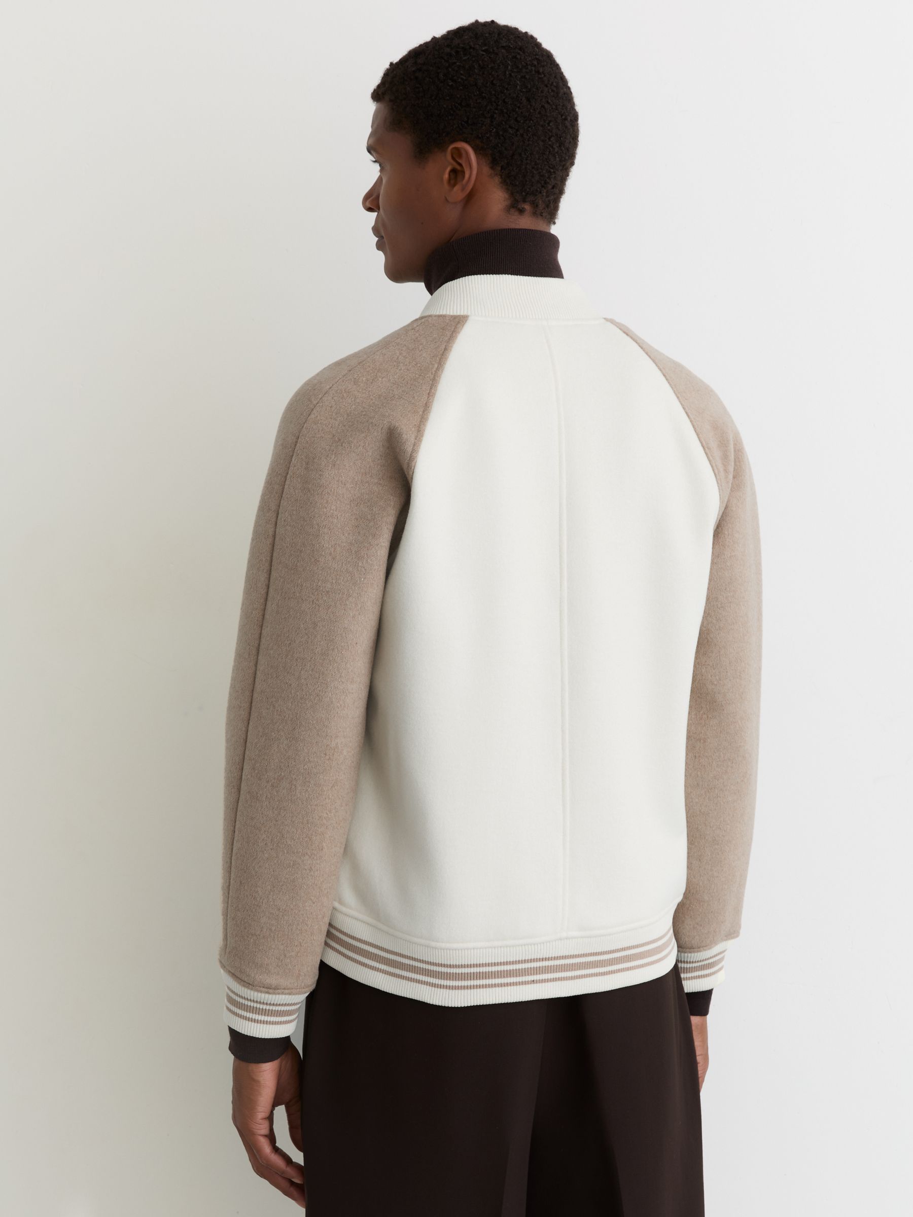 Wool-Blend Colour-Block Bomber Jacket in Off White/Oatmeal - image 4