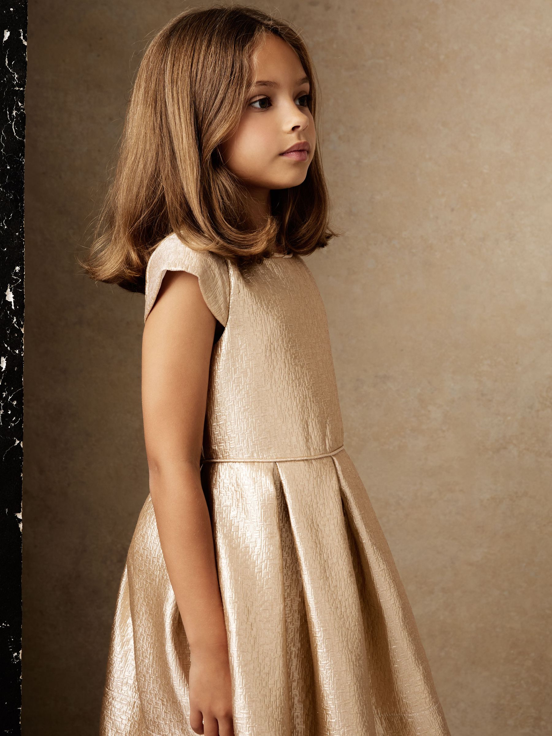 9-13 yrs Textured Metallic Pleated Dress in Gold - Image 4 of 5