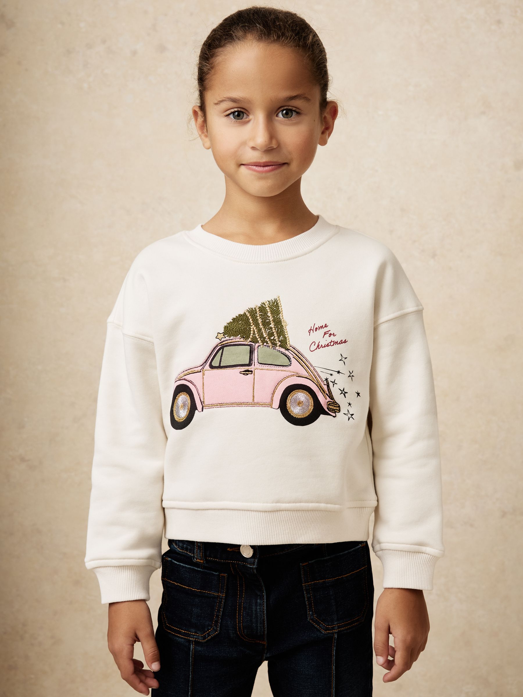Festive Car-Embroidered Sweatshirt in Ivory - Image 4 of 5