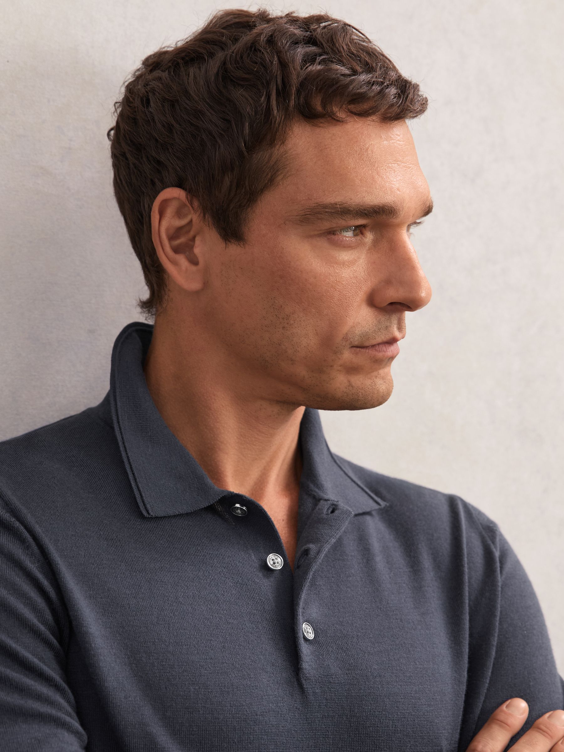 Merino Wool Polo Shirt in Midnight Navy - Image 1 of 6