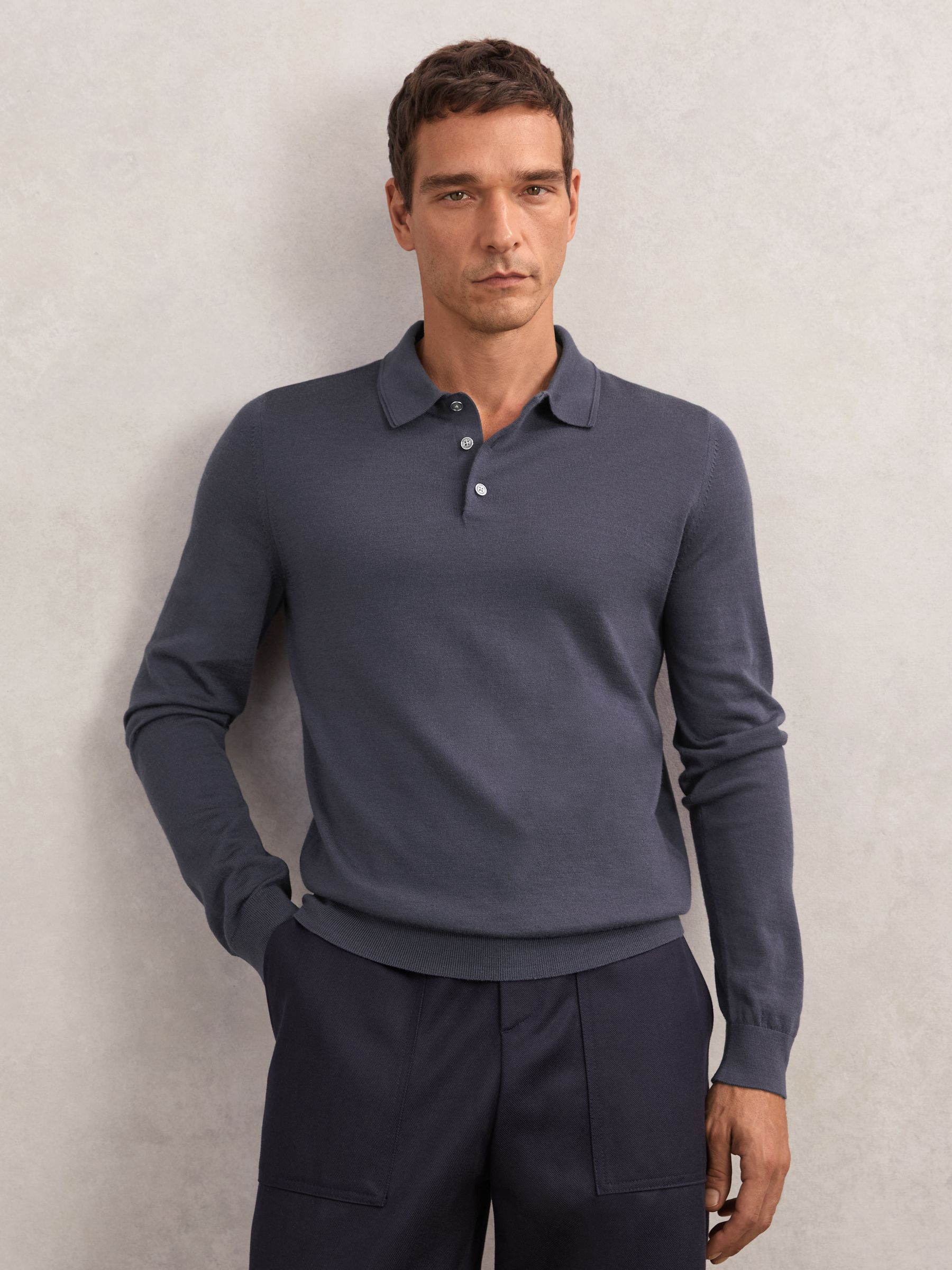 Merino Wool Polo Shirt in Midnight Navy - Image 3 of 6