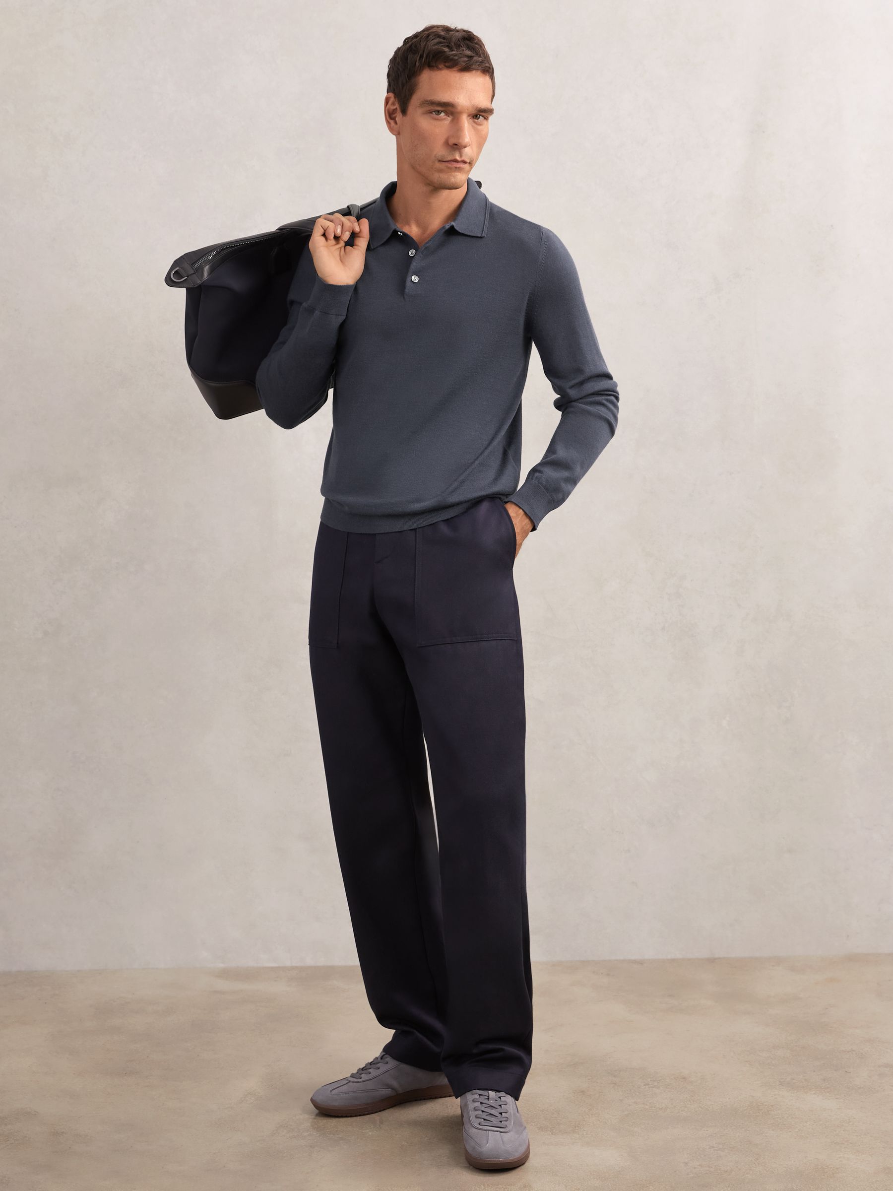 Merino Wool Polo Shirt in Midnight Navy - Image 4 of 6