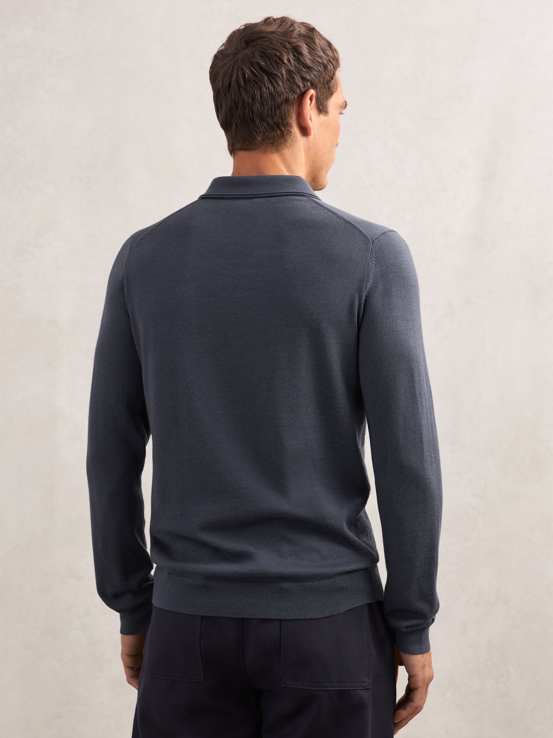 Merino Wool Polo Shirt in Midnight Navy - Image 5 of 6