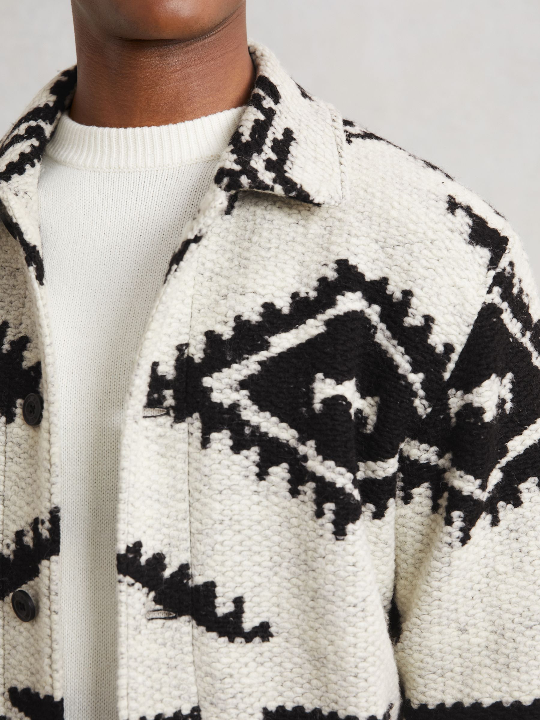 Fair Isle Jacquard Overshirt with Wool in Off White/Black - Image 3 of 6