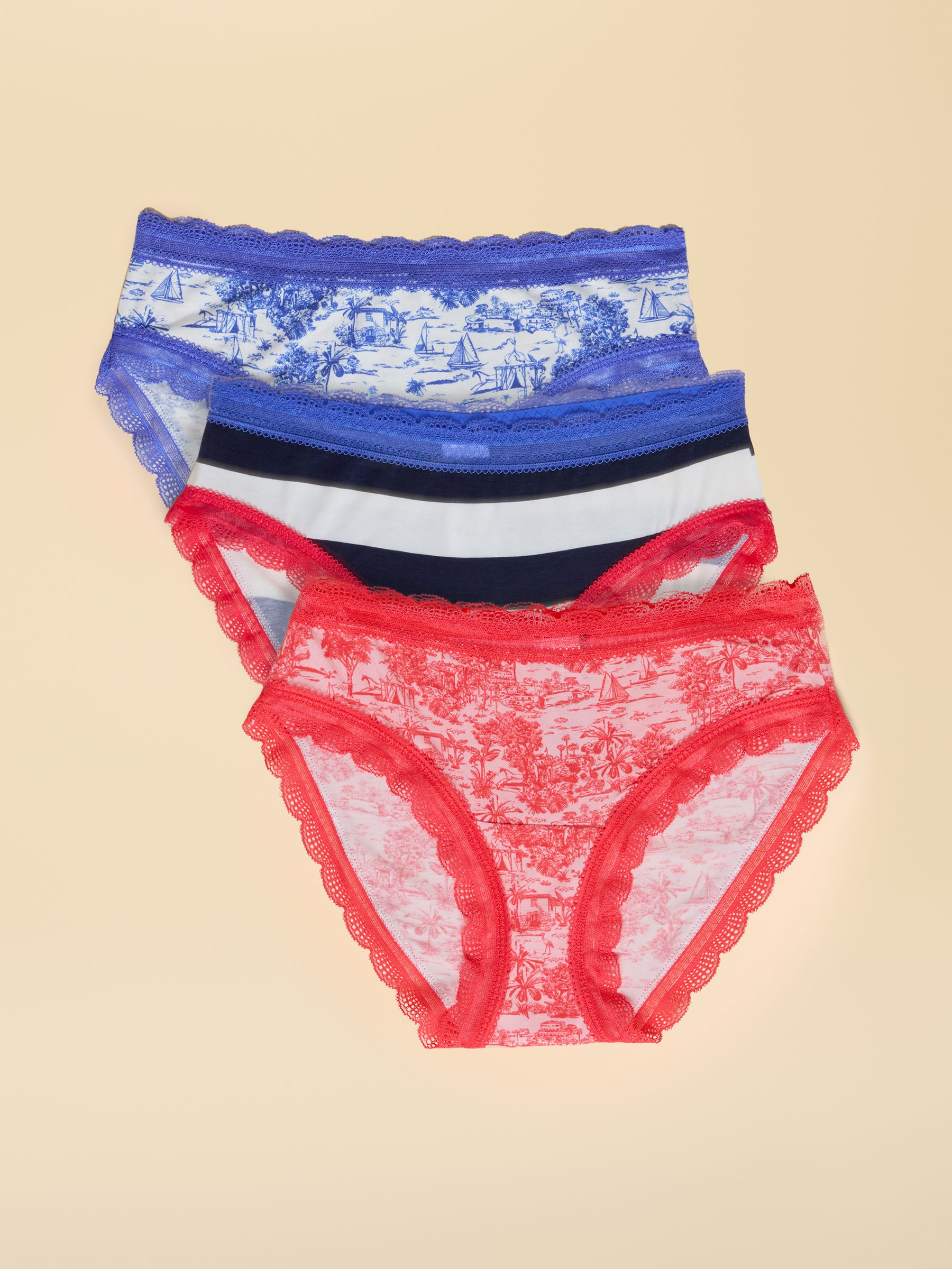 Blue & Red Riviera Toile/Stripe Knickers 3 Pack - Image 1 of 9 Blue & Red Riviera Toile/Stripe Knickers 3 Pack - Image 1 of 9