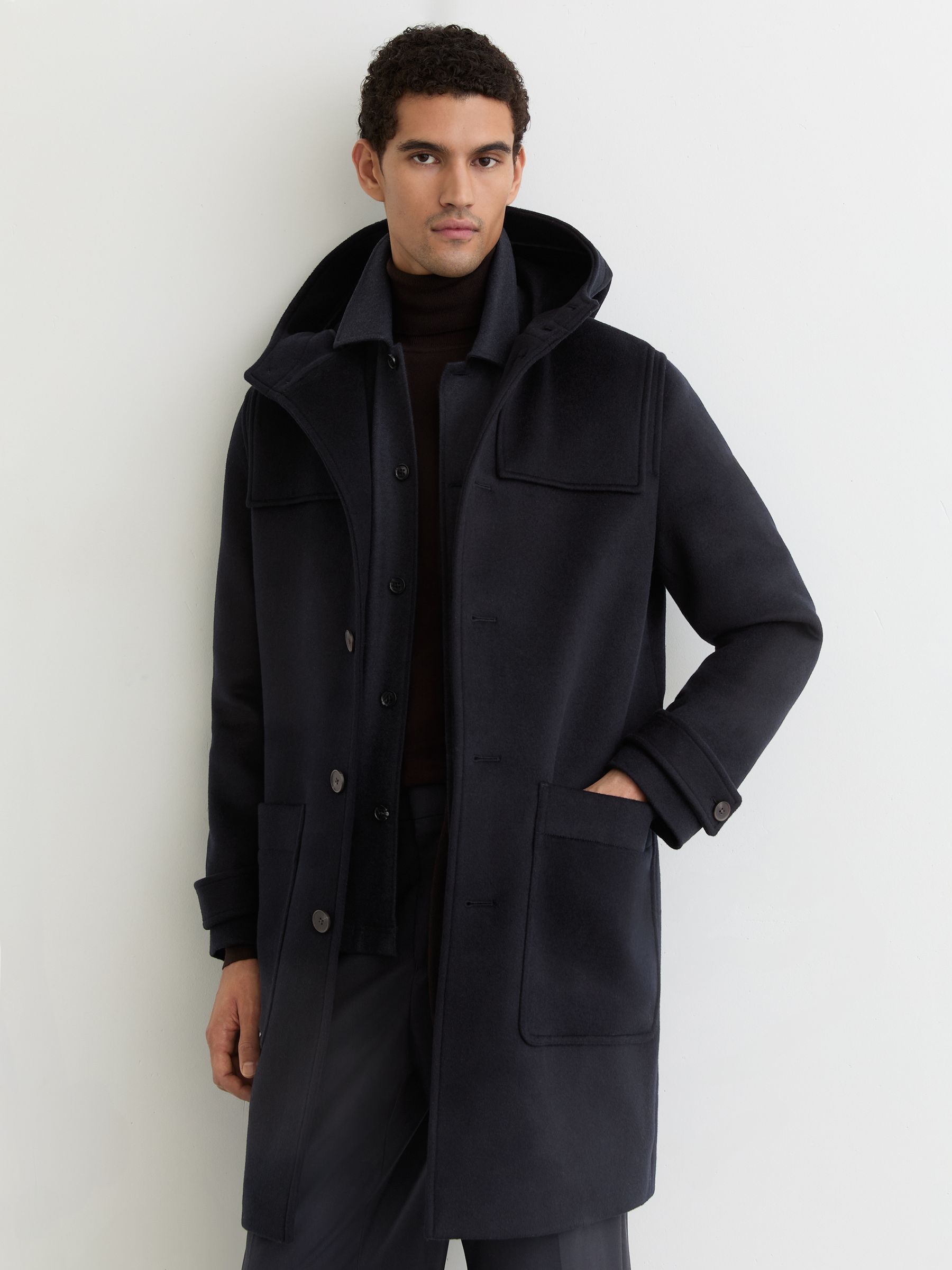 Reiss Wool-Blend Hooded Duffle Coat in Navy | REISS