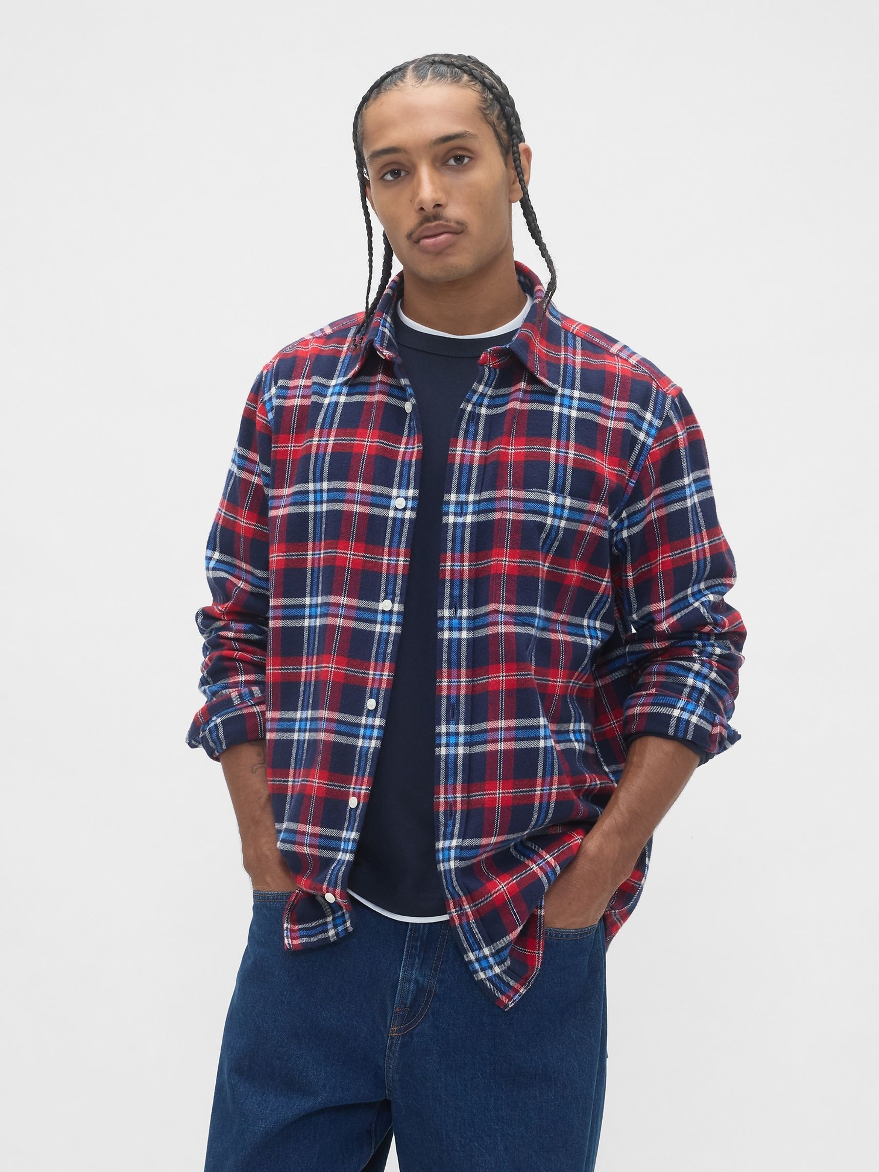 Blue Cotton Relaxed Flannel Shirt - Image 1 of 4