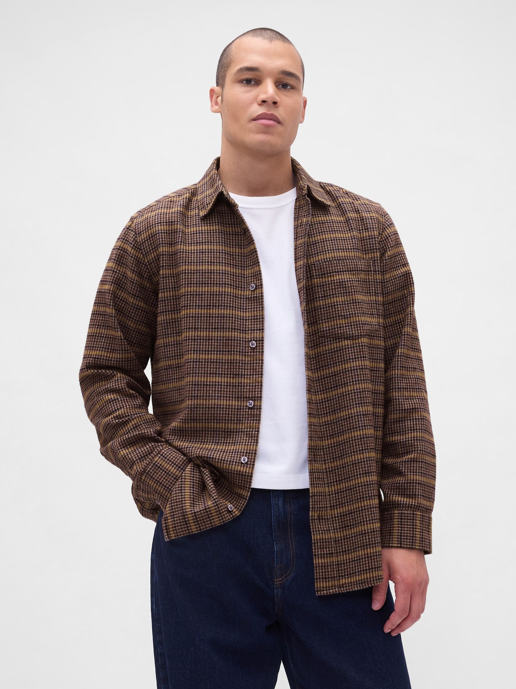 Brown Cotton Relaxed Flannel Shirt - Image 1 of 4
