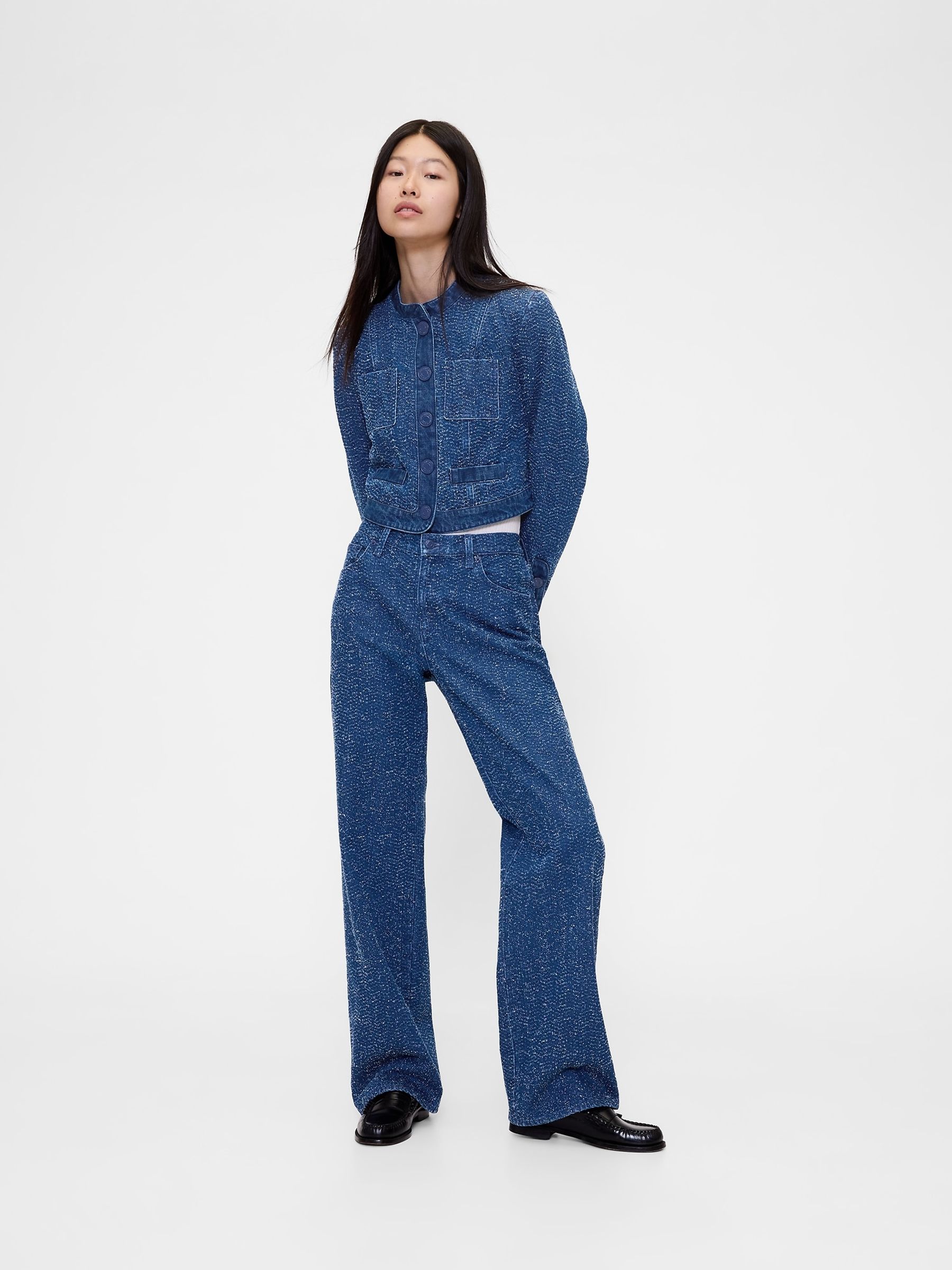 Blue Denim Tweed Crop Jacket - Image 1 of 5