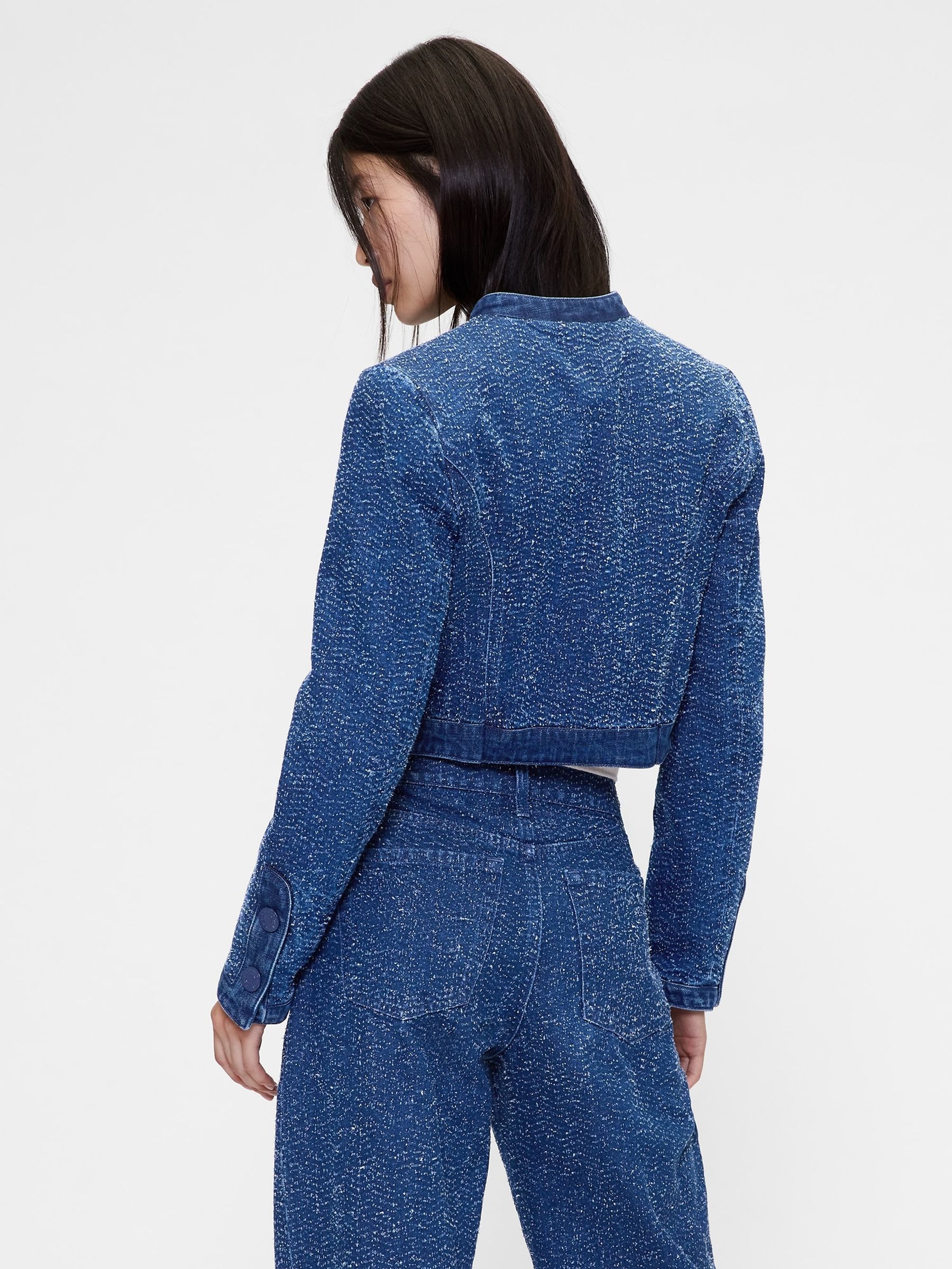 Blue Denim Tweed Crop Jacket - Image 2 of 5