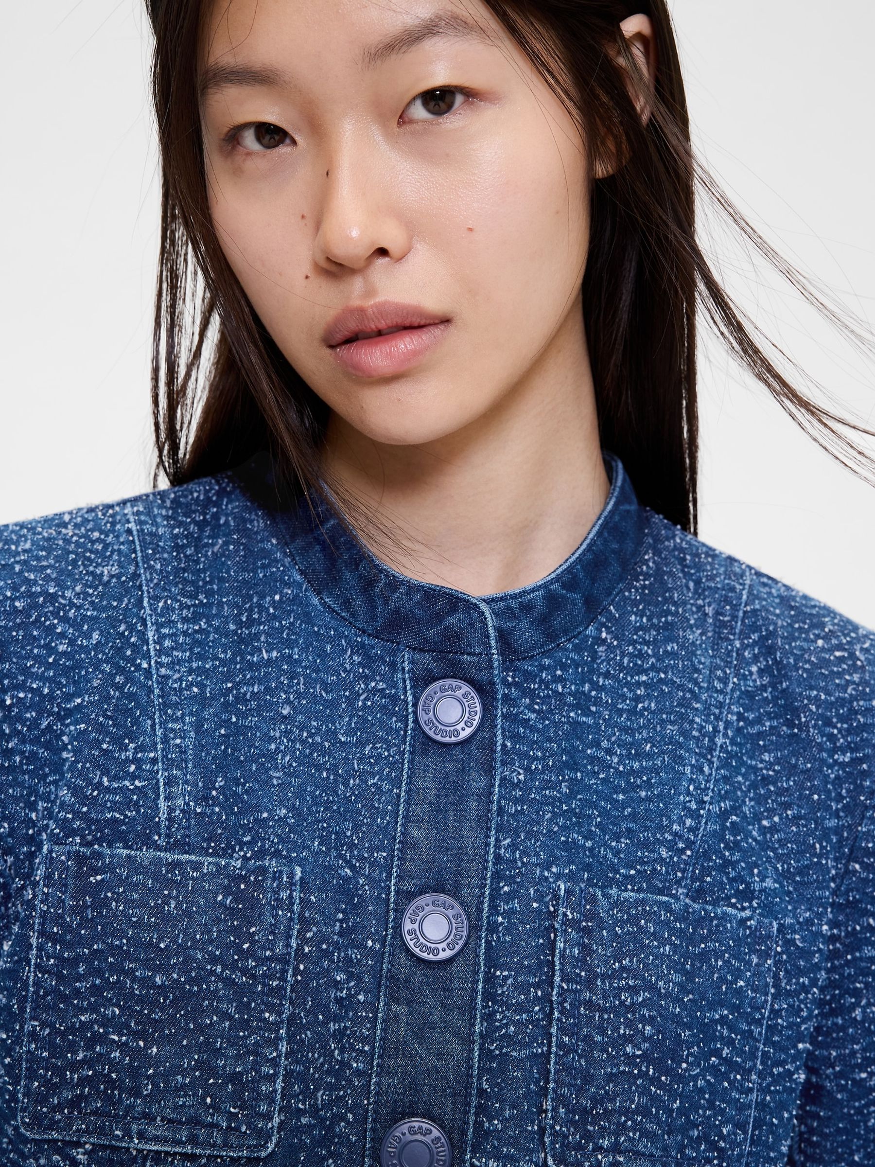 Blue Denim Tweed Crop Jacket - Image 3 of 5