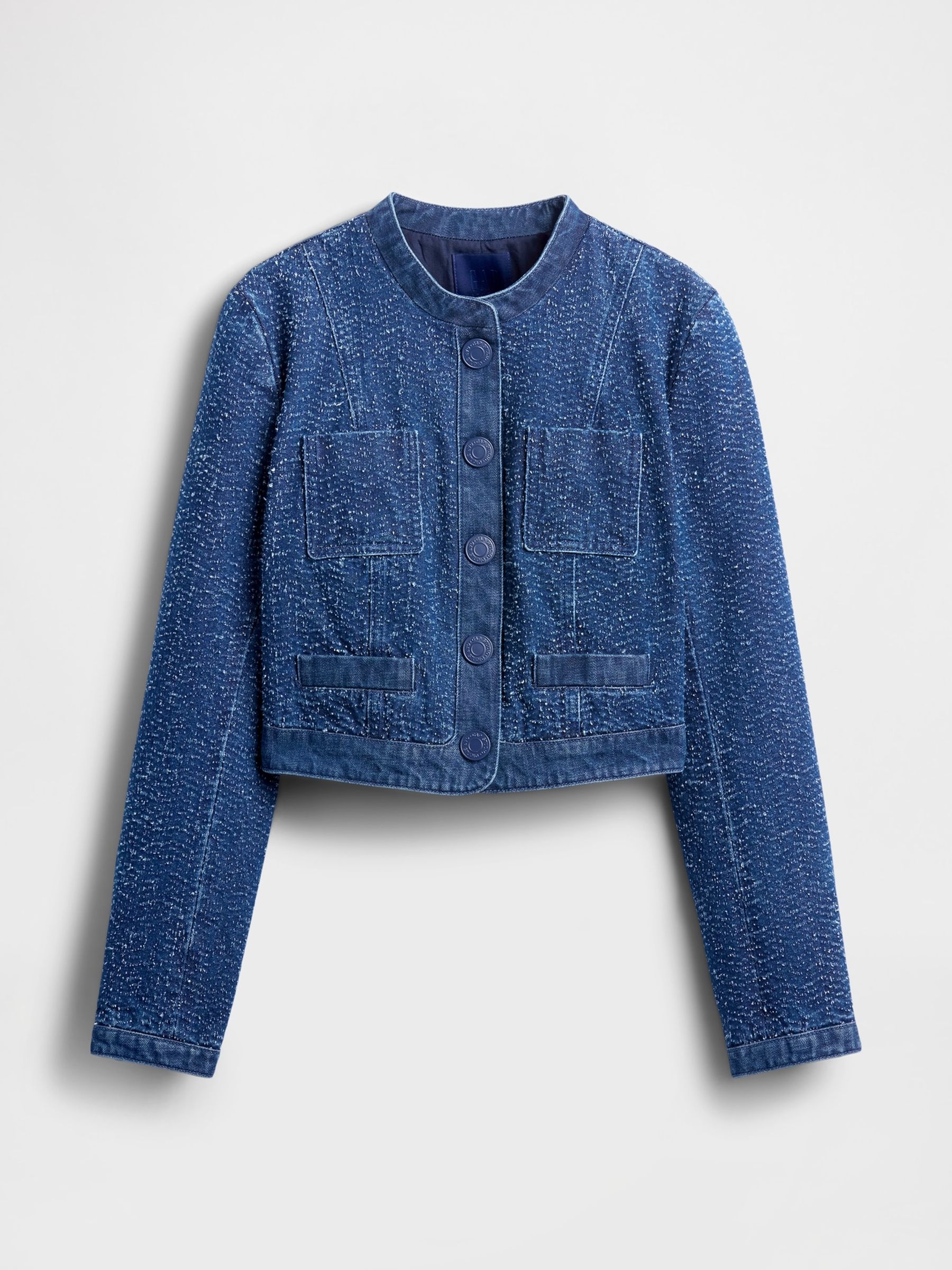 Blue Denim Tweed Crop Jacket - Image 4 of 5