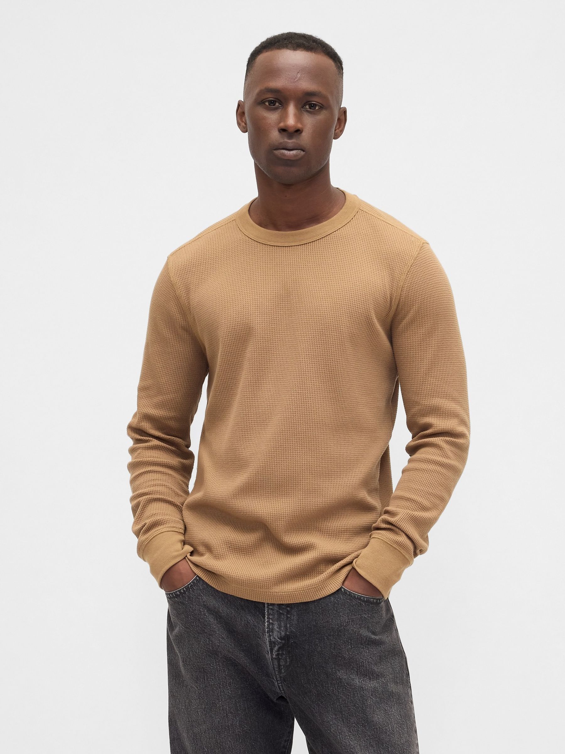 Brown Waffle Knit Crew Neck T-Shirt - Image 1 of 4