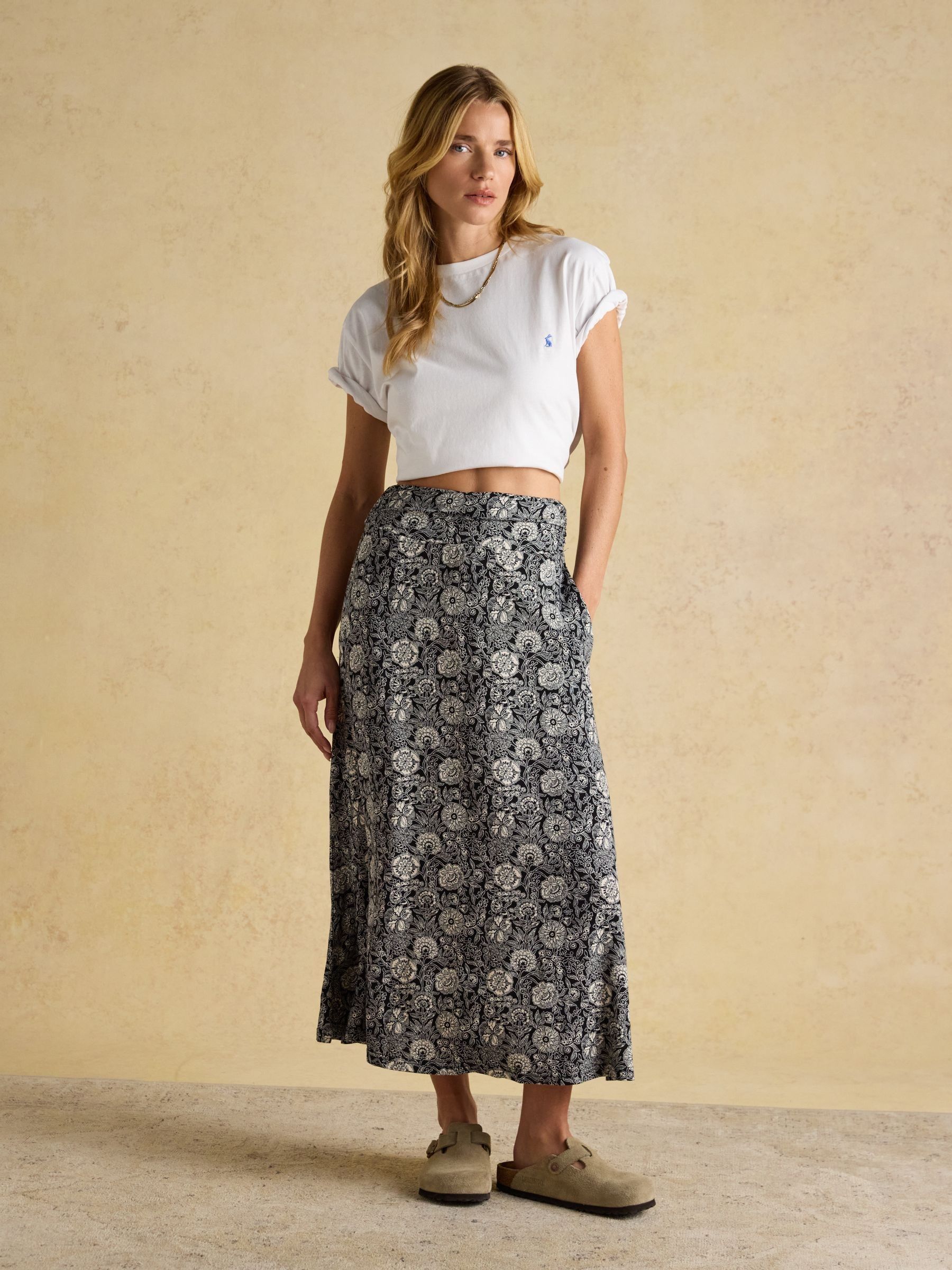 Nia Black Floral Jersey Midi Skirt - Image 3 of 9