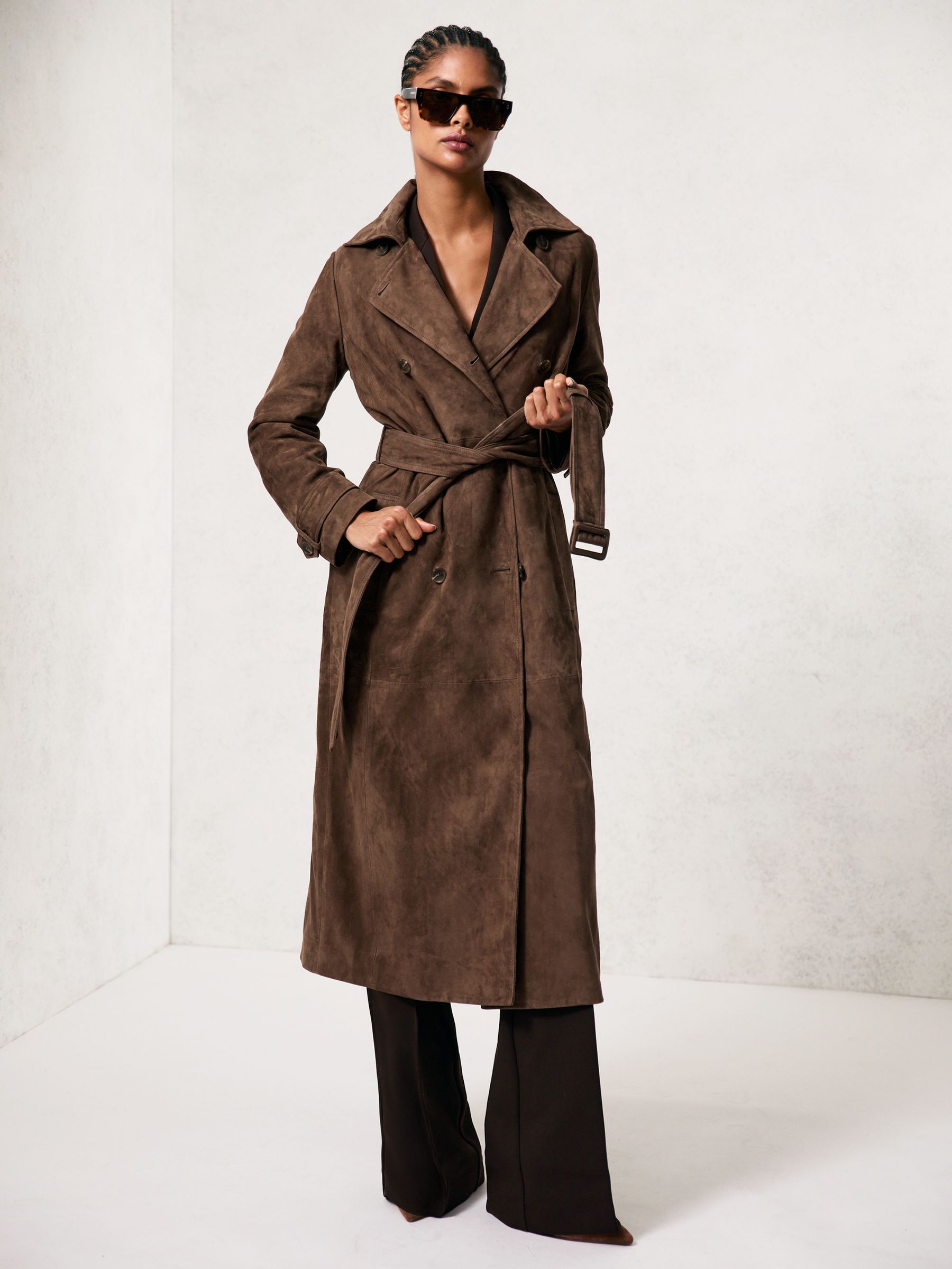 Suede Belted Trench Coat in Taupe Neutral - Image 3 of 7