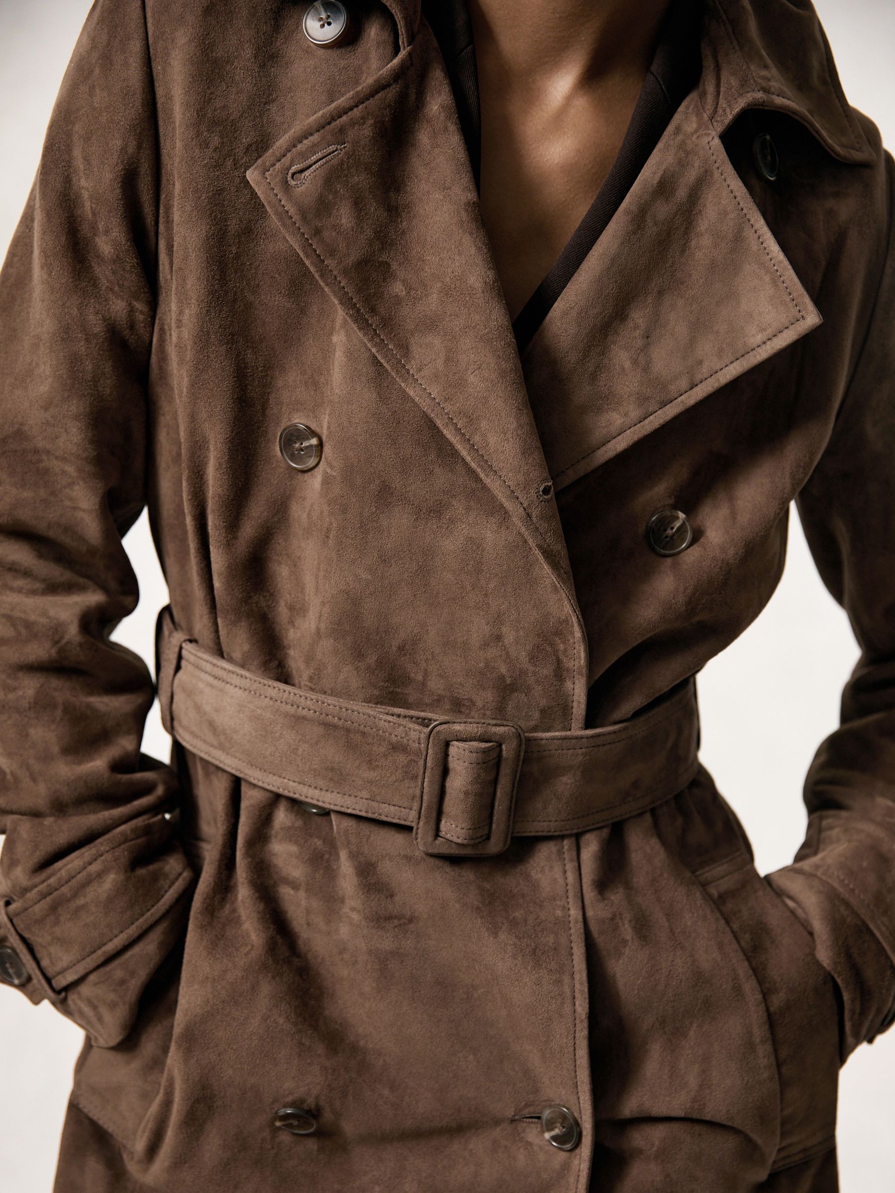 Suede Belted Trench Coat in Taupe Neutral - Image 4 of 7