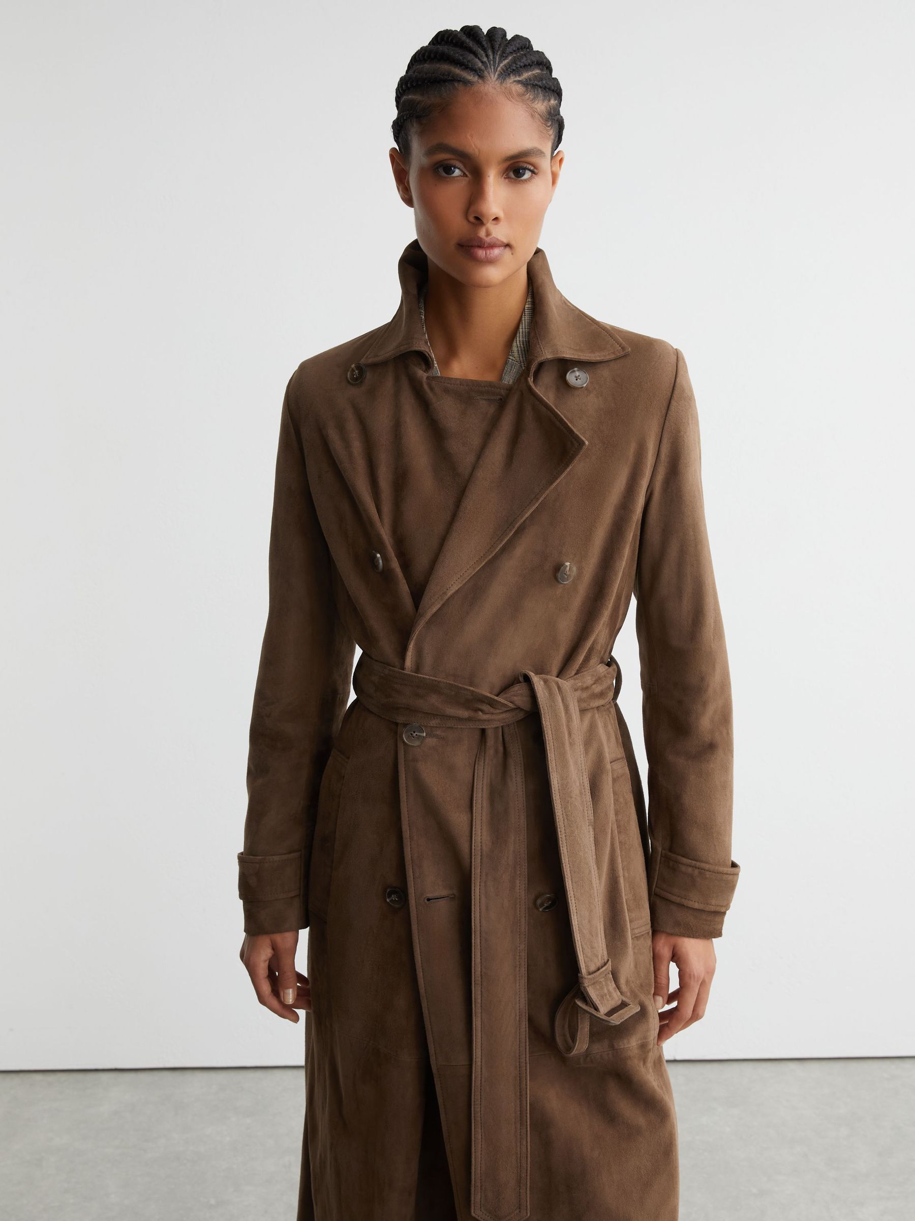 Suede Belted Trench Coat in Taupe Neutral - image 4