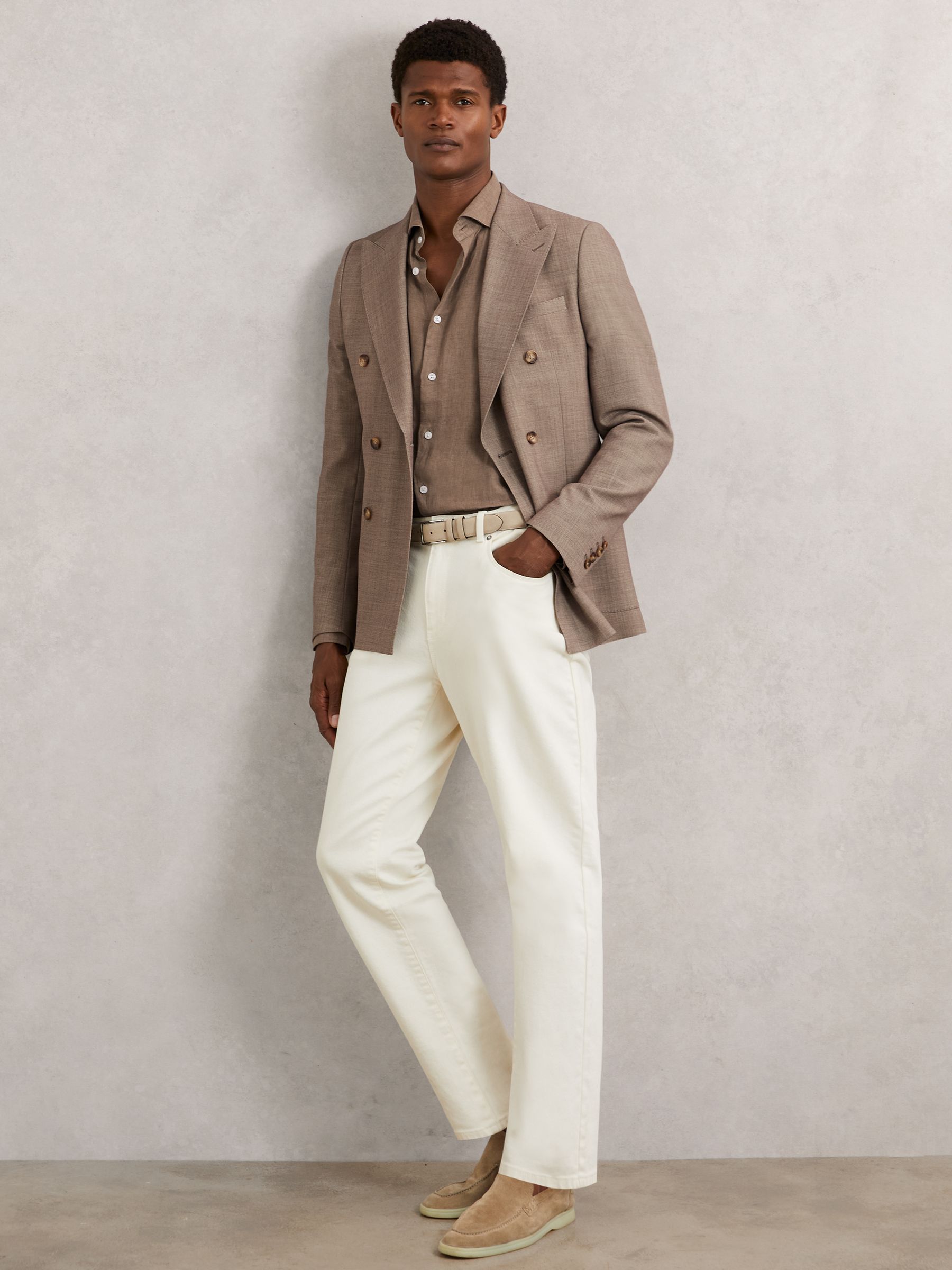 Linen Striped Cutaway-Collar Shirt in Light Taupe Brown - Image 3 of 6
