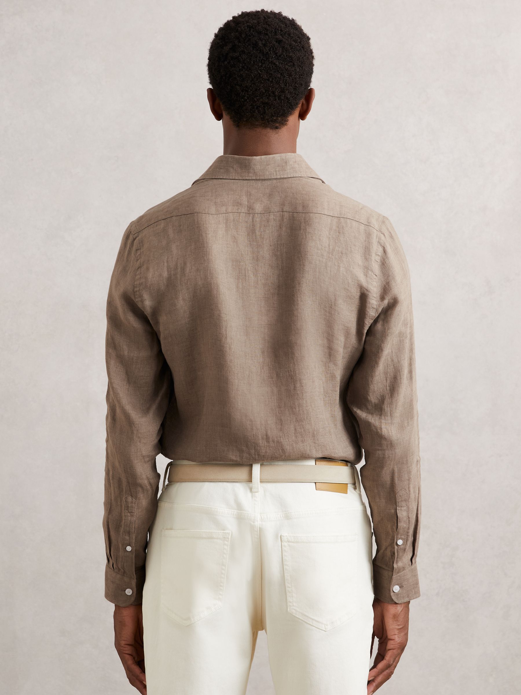 Linen Striped Cutaway-Collar Shirt in Light Taupe Brown - Image 5 of 6