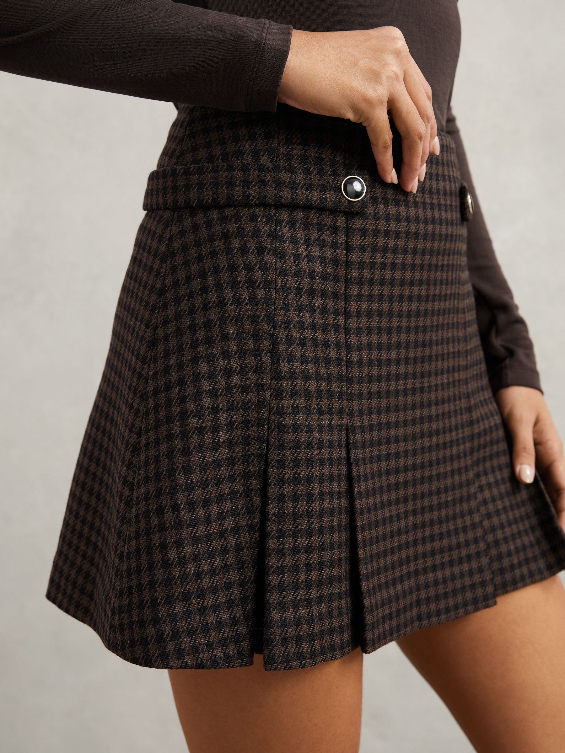 Reiss Wool-Blend Check Mini Skirt in Black/Brown | REISS