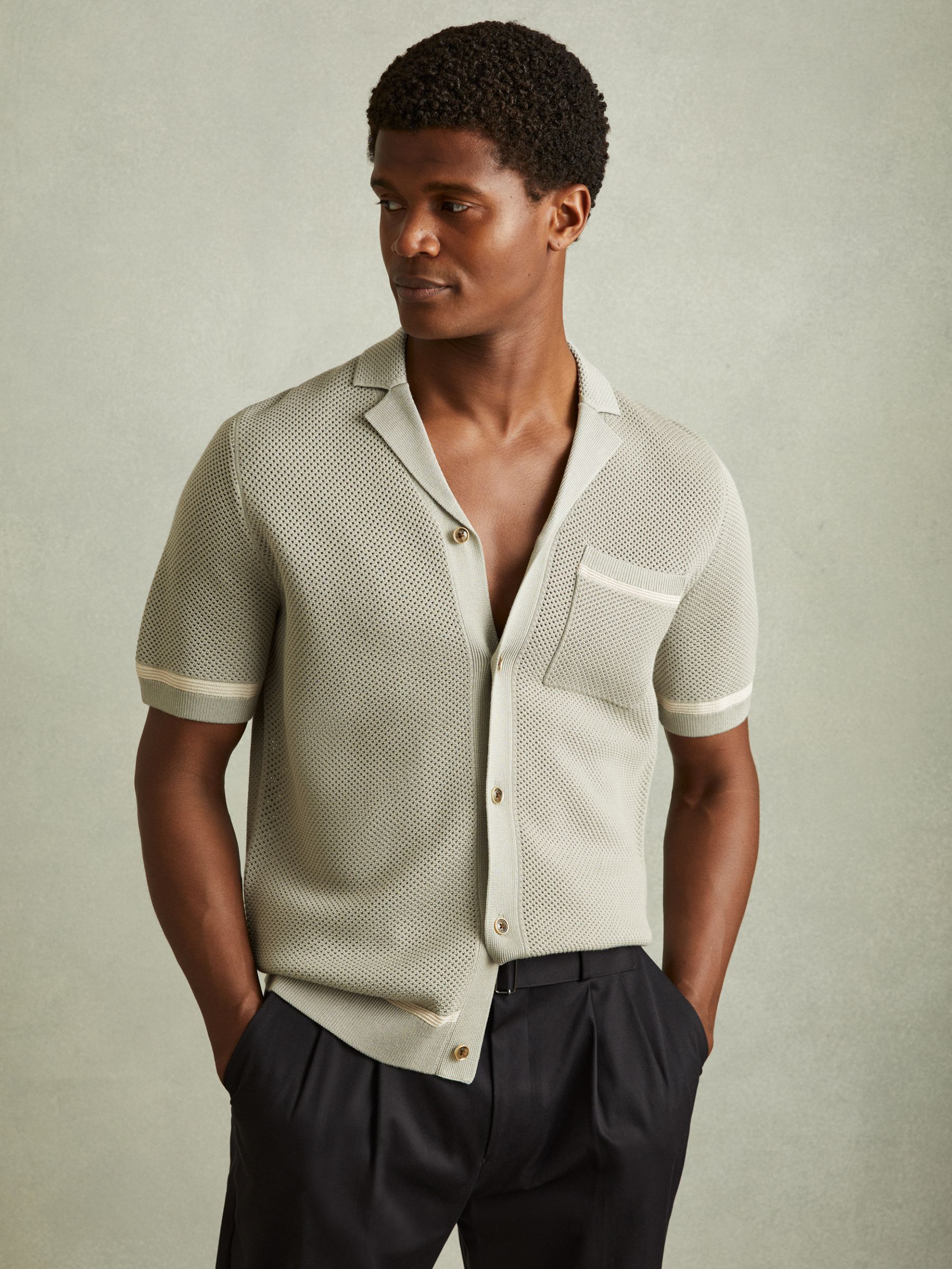 Open-Stitch Cuban Collar Shirt in Light Sage Green - Image 1 of 5 Open-Stitch Cuban Collar Shirt in Light Sage Green - Image 1 of 5