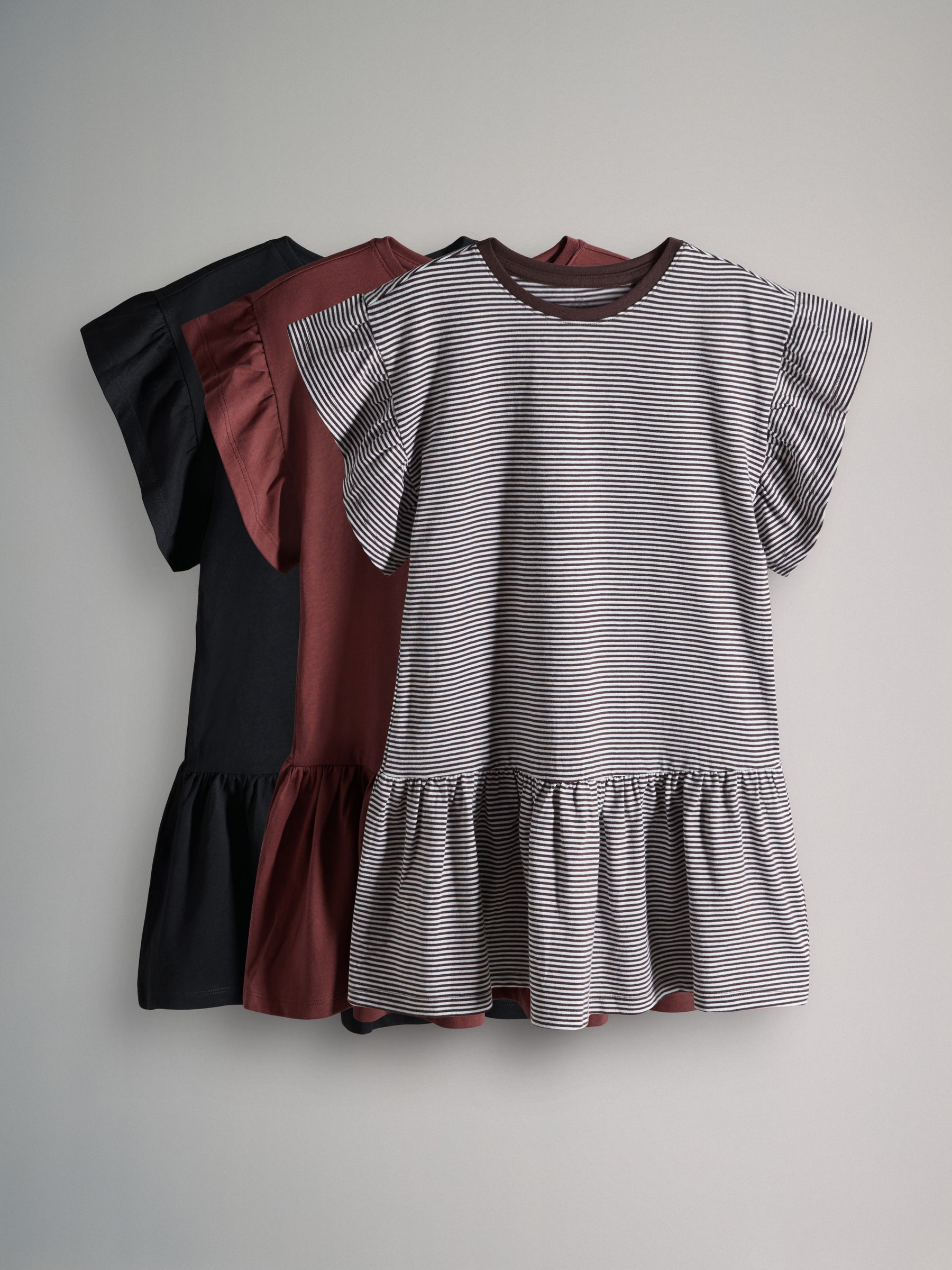 Short Frill Sleeve Drop Waist Jersey Dresses 3 Pack Black/Brown Stripe/Red - Image 4 of 6