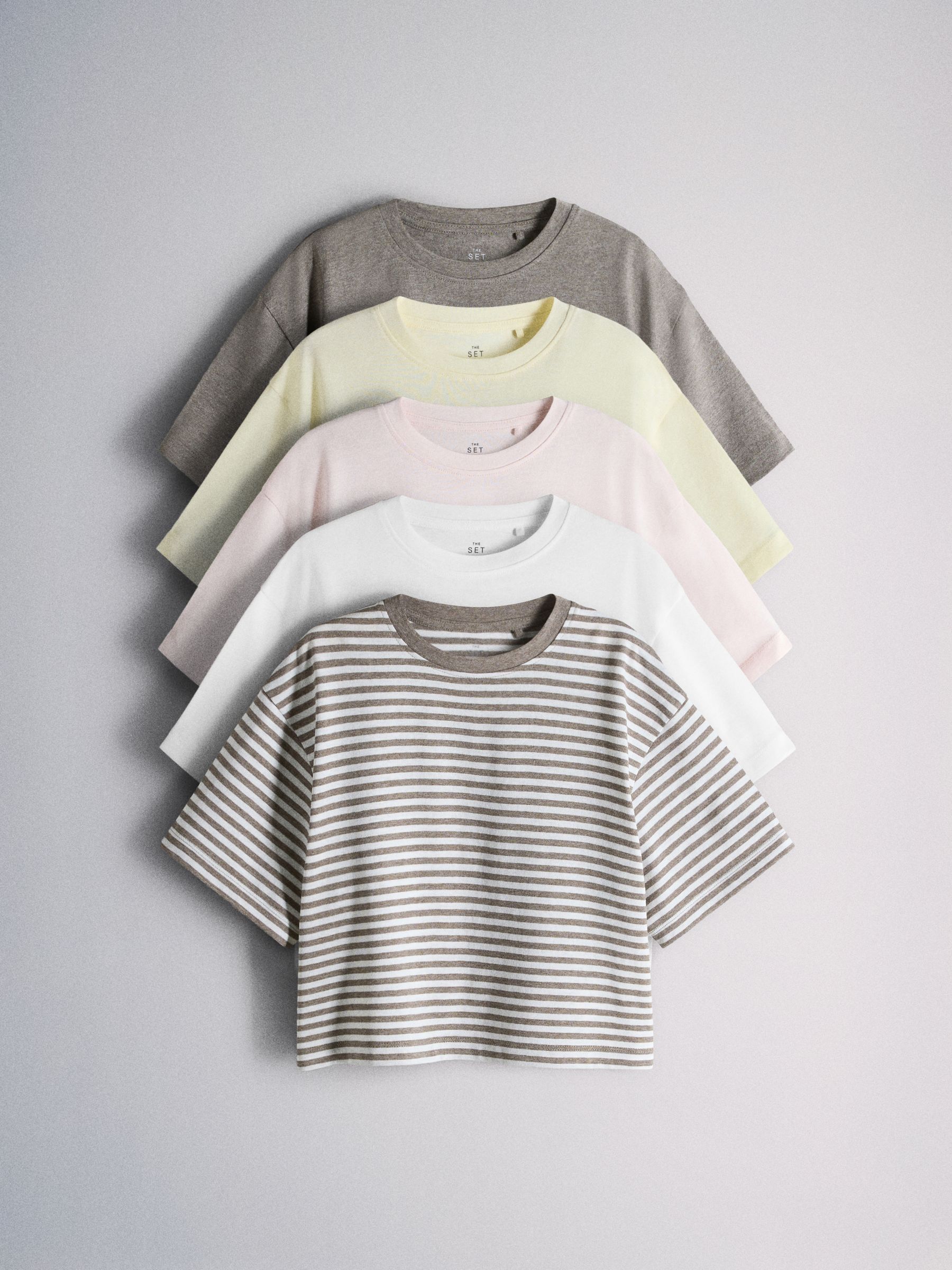 4 Pack Cropped Short Sleeve Cotton Blend T-Shirts Brown/White/Yellow/Stripe - Image 1 of 7