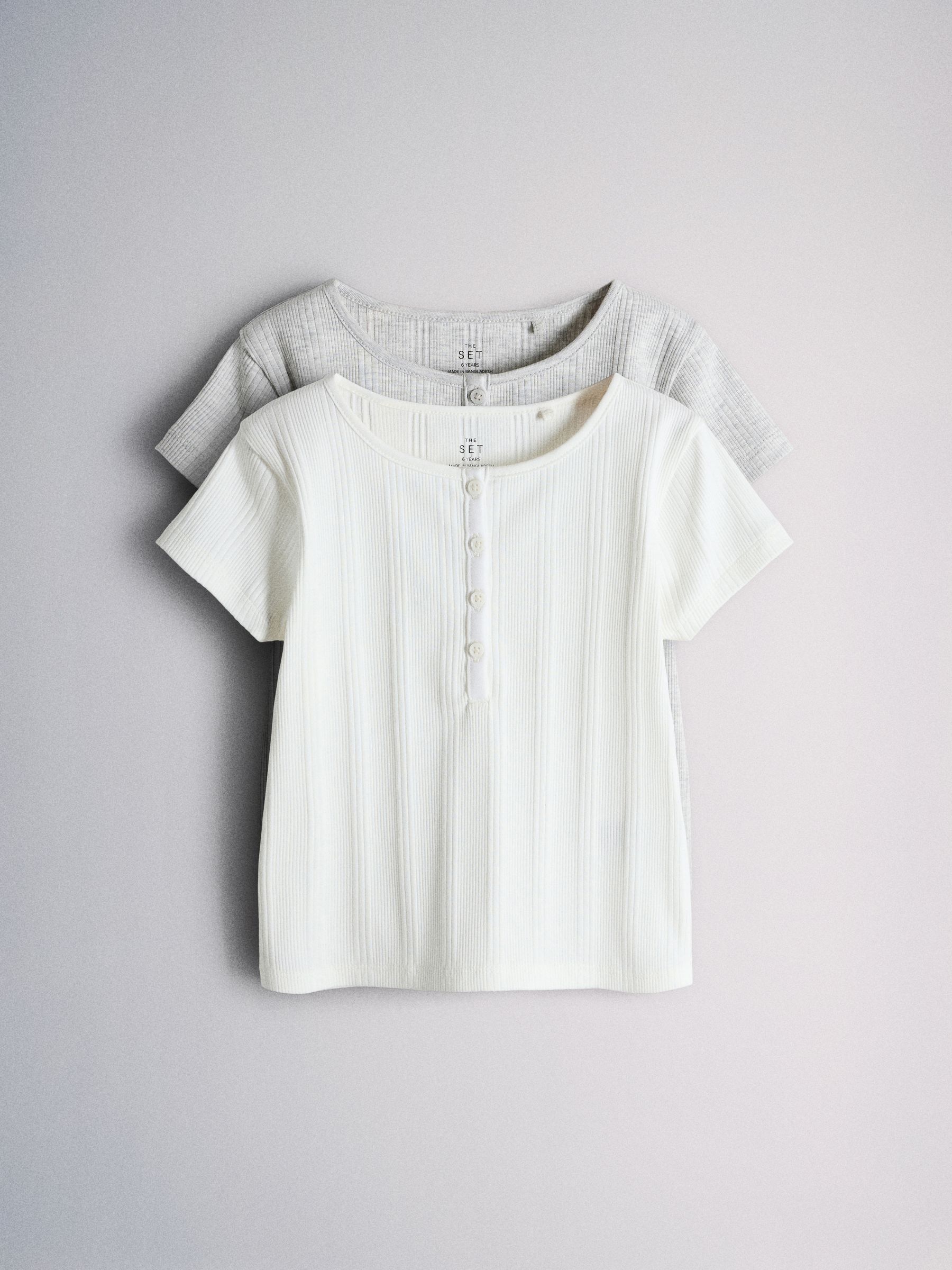 Short Sleeve Rib Henley Cotton T-Shirts 2 Pack Grey/White - Image 2 of 7