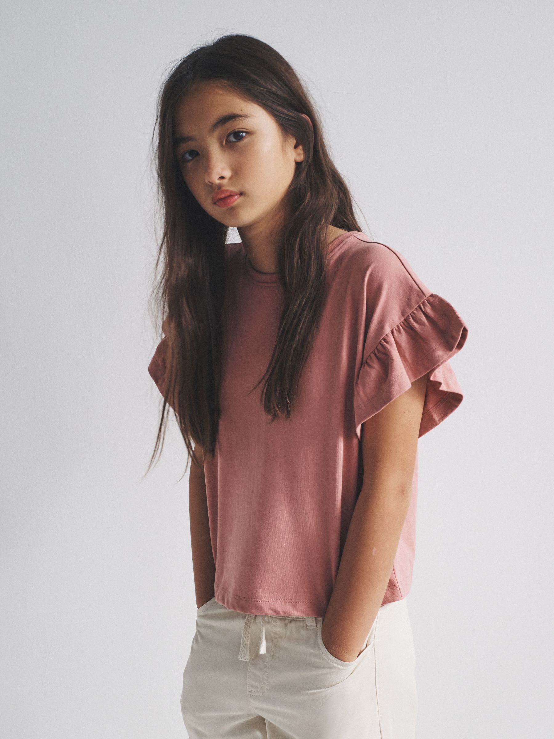 3 Pack Frill Sleeve Cotton T-Shirts Pink/Brown/Red - Image 1 of 6