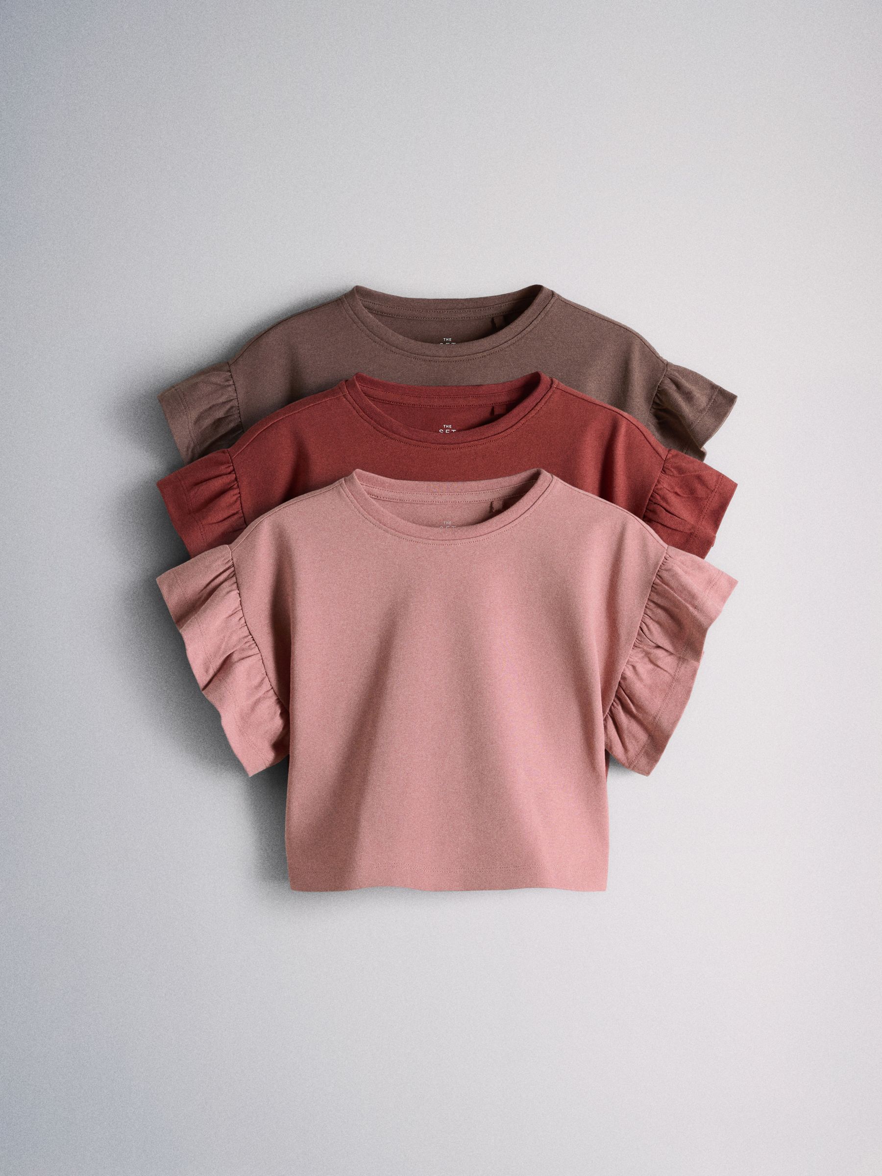 3 Pack Frill Sleeve Cotton T-Shirts Pink/Brown/Red - Image 2 of 6