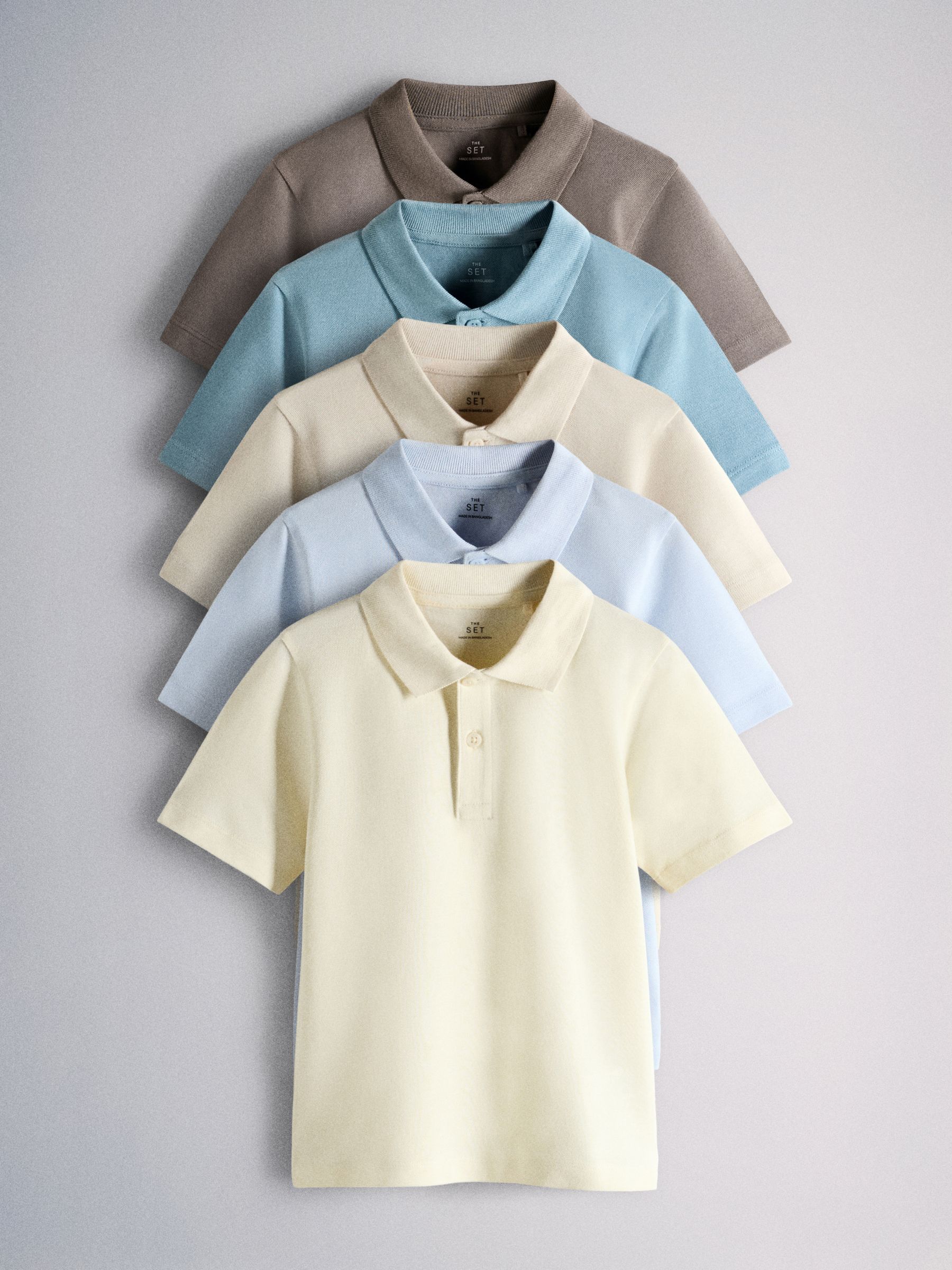 5 Pack Cotton Pique Polo Shirts Brown/Blue/Yellow/Cream - Image 1 of 6