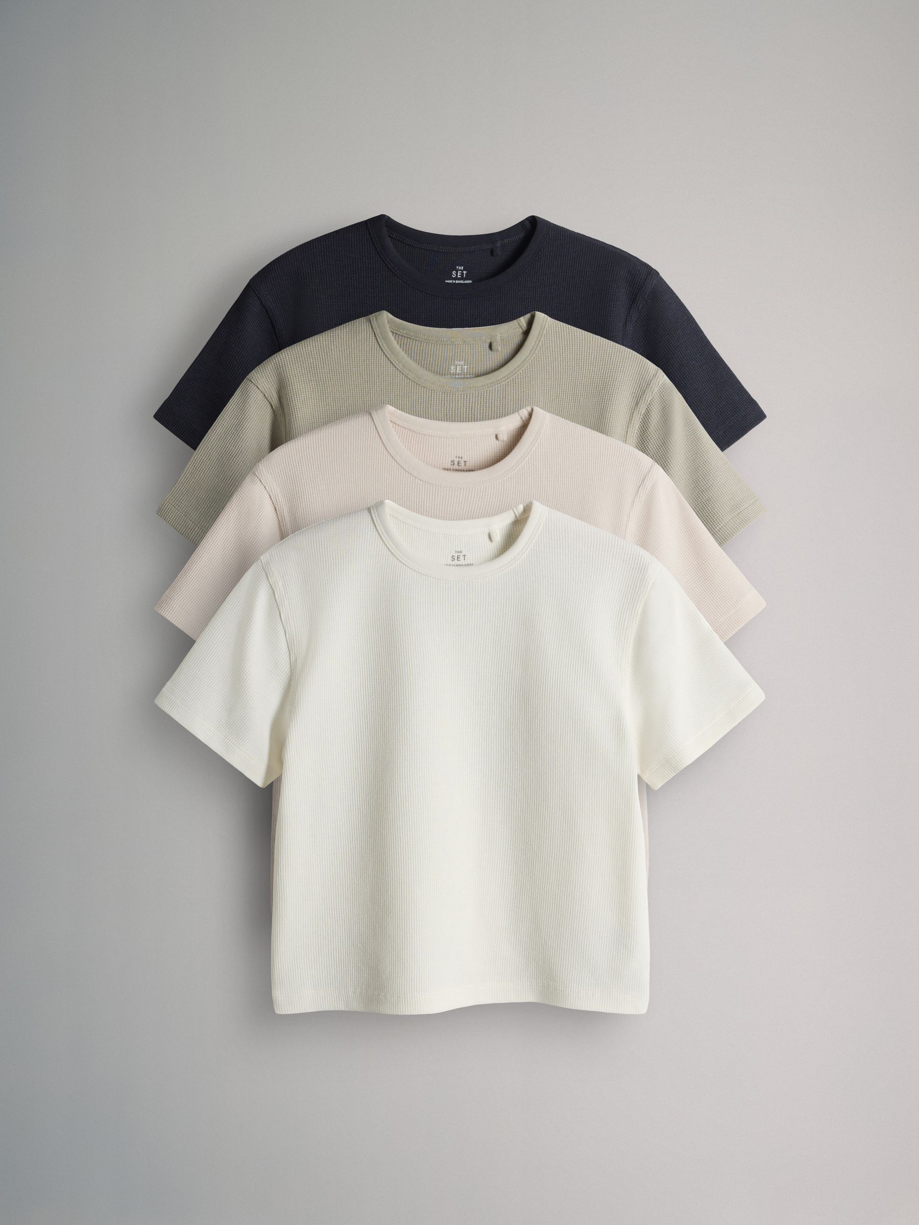 Charcoal/Brown/Oatmeal Marl/White 4 Pack Short Sleeve Waffle T-Shirts - Image 1 of 7