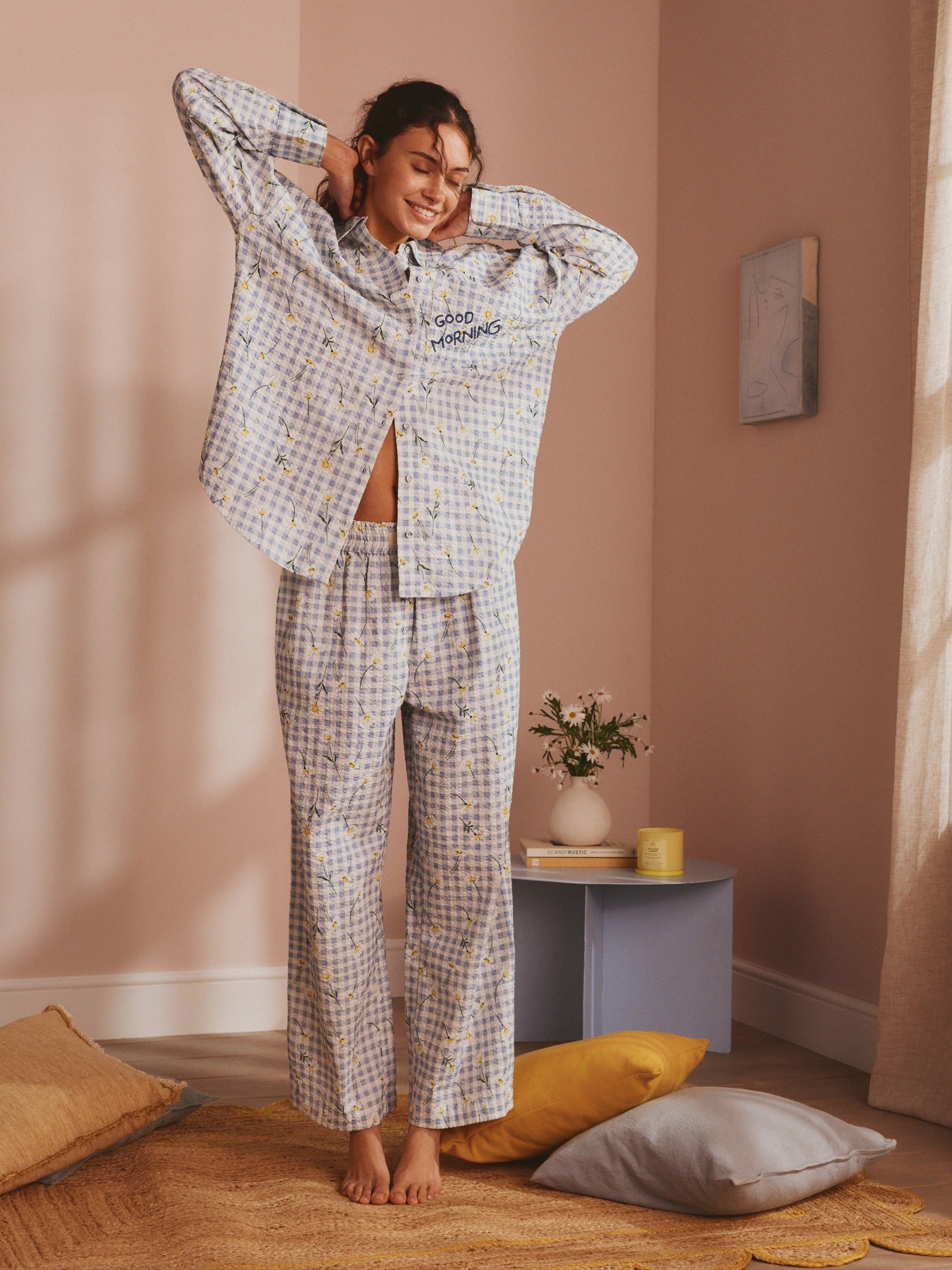Blue Gingham Daisies Cotton Button Through Pyjamas with Embroidery - Image 1 of 4