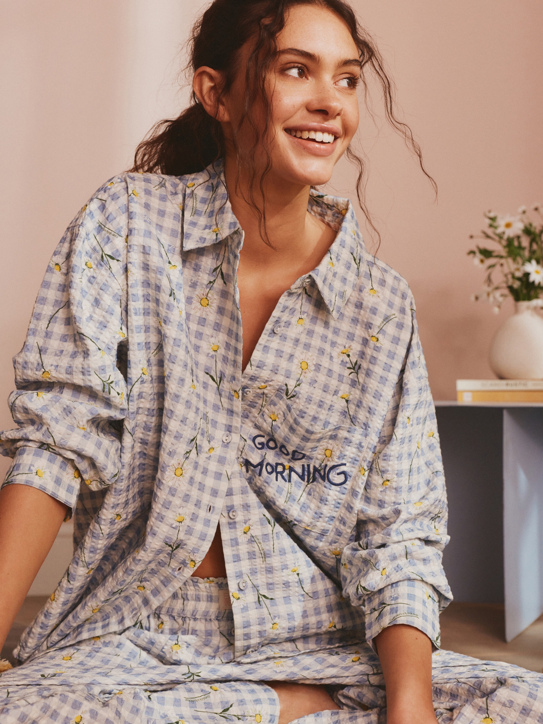 Blue Gingham Daisies Cotton Button Through Pyjamas with Embroidery - Image 2 of 4