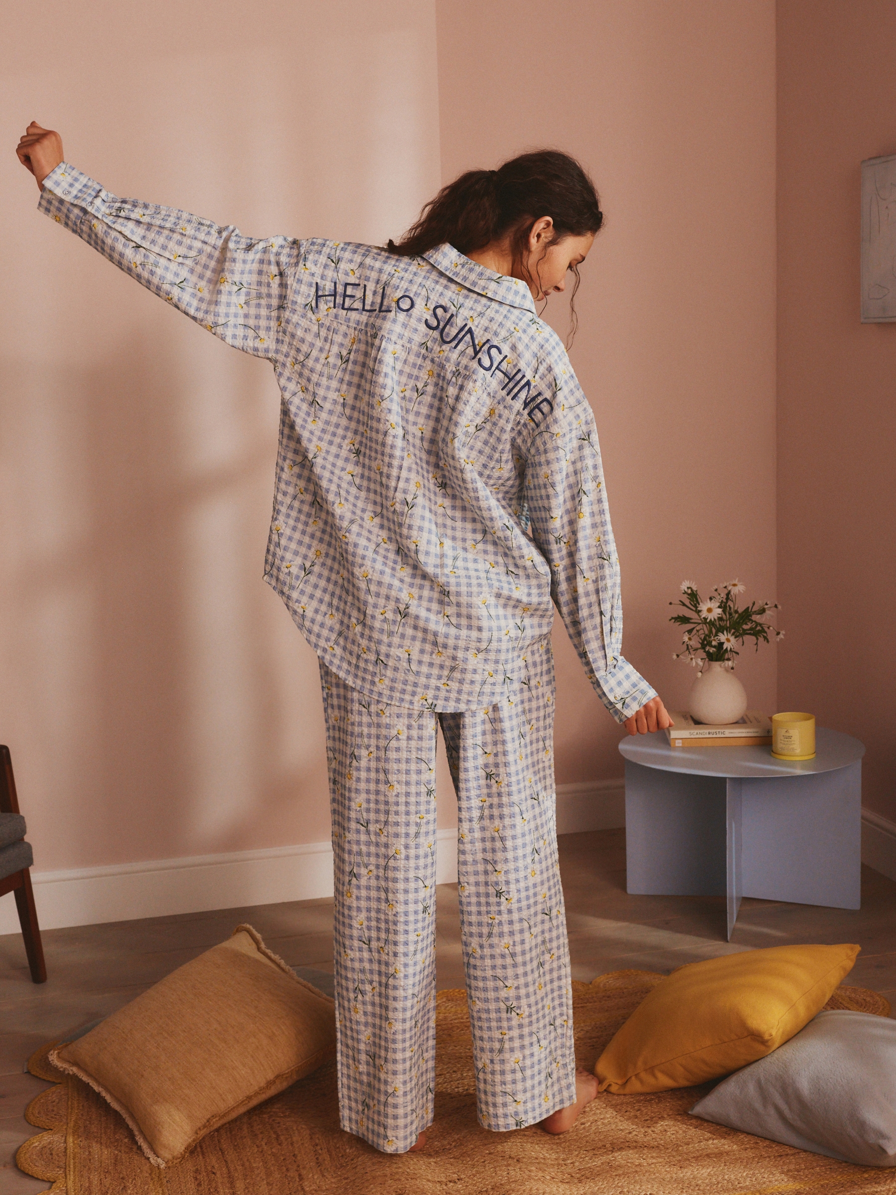 Blue Gingham Daisies Cotton Button Through Pyjamas with Embroidery - Image 3 of 4